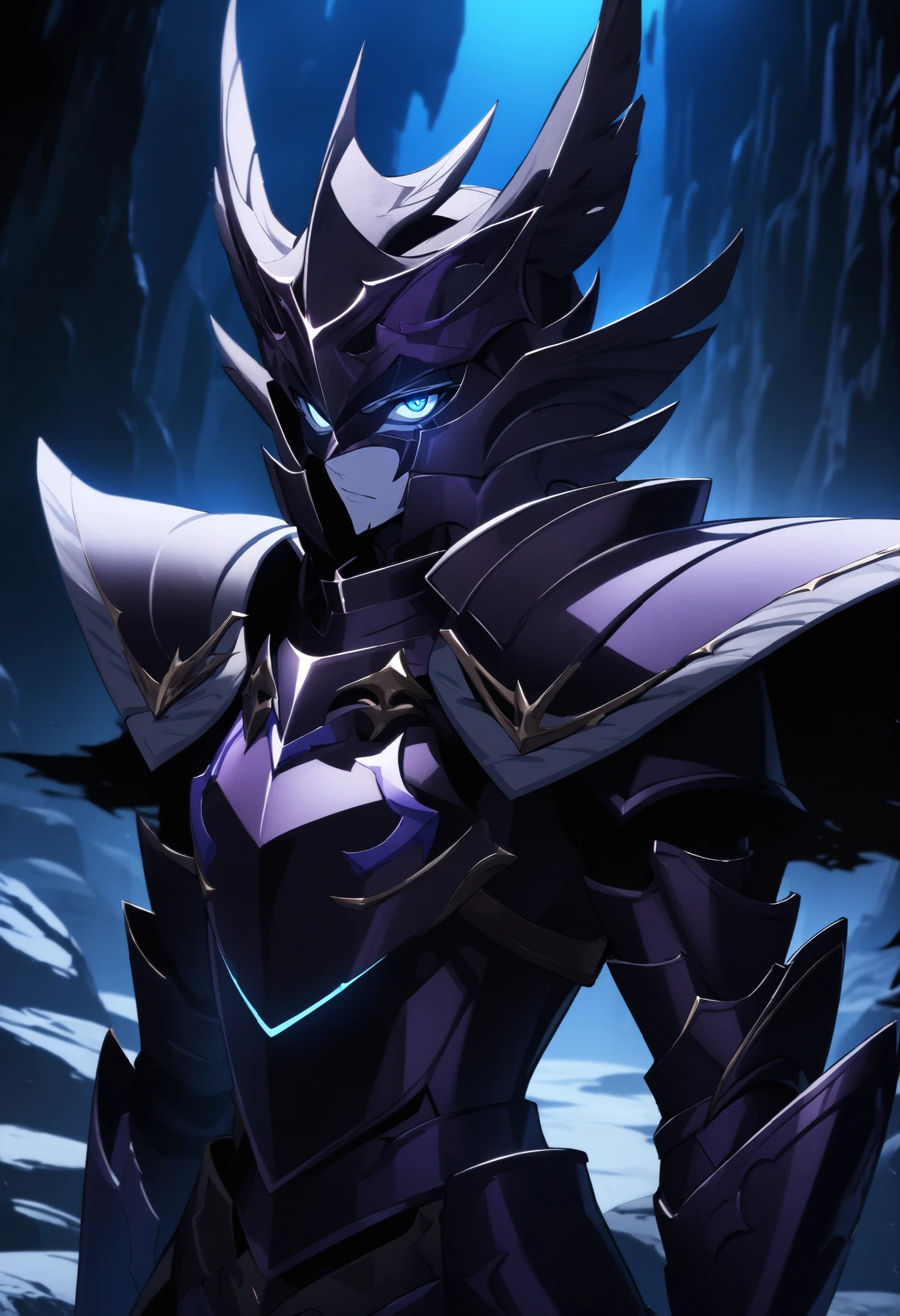 (high-quality, breathtaking),(expressive eyes, perfect face) Symmetrical Eyes, 1boy, male, solo, looking at viewer, black background, soft eerie blue lighting background, rock terrain background, Dark Purple Armor, trim, full plate armor, half body shot, solo, black armor, Specter, Dark Knights,