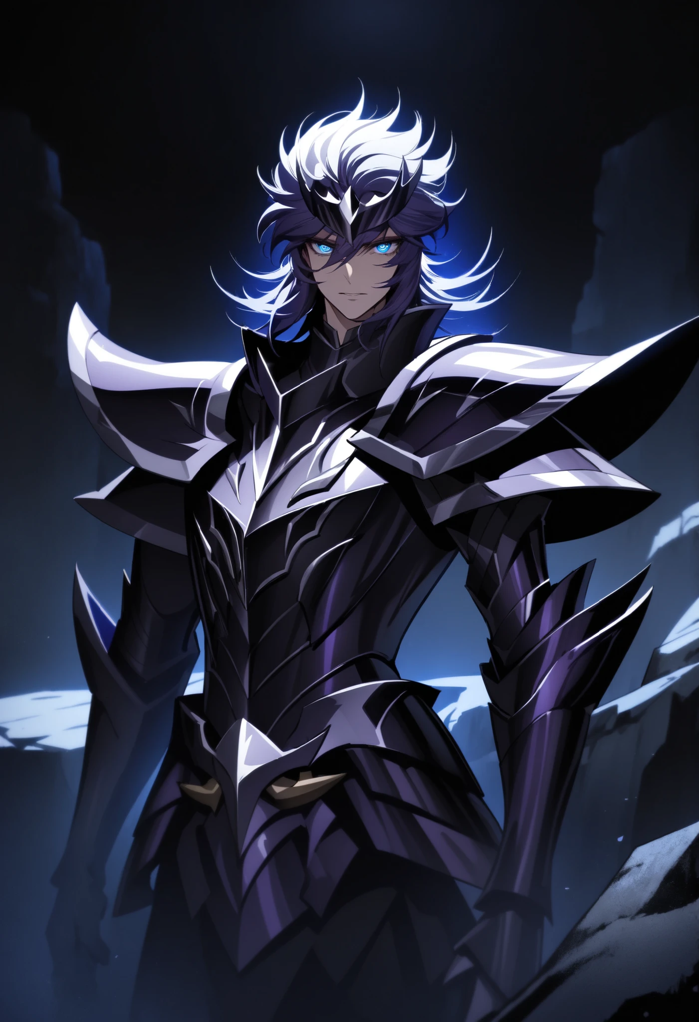 (high-quality, breathtaking),(expressive eyes, perfect face) Symmetrical Eyes, 1boy, male, solo, looking at viewer, black background, soft eerie blue lighting background, rock terrain background, Dark Purple Armor, trim, full plate armor, half body shot, solo, black armor, Specter, Dark Knights,