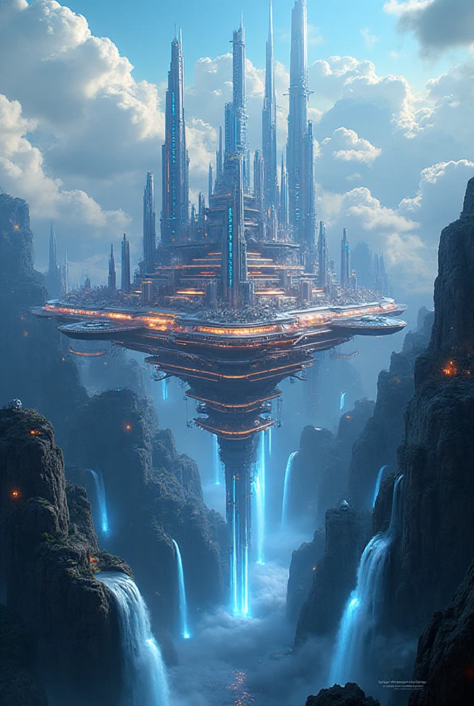 A futuristic city built on giant floating islands, waterfalls falling ...