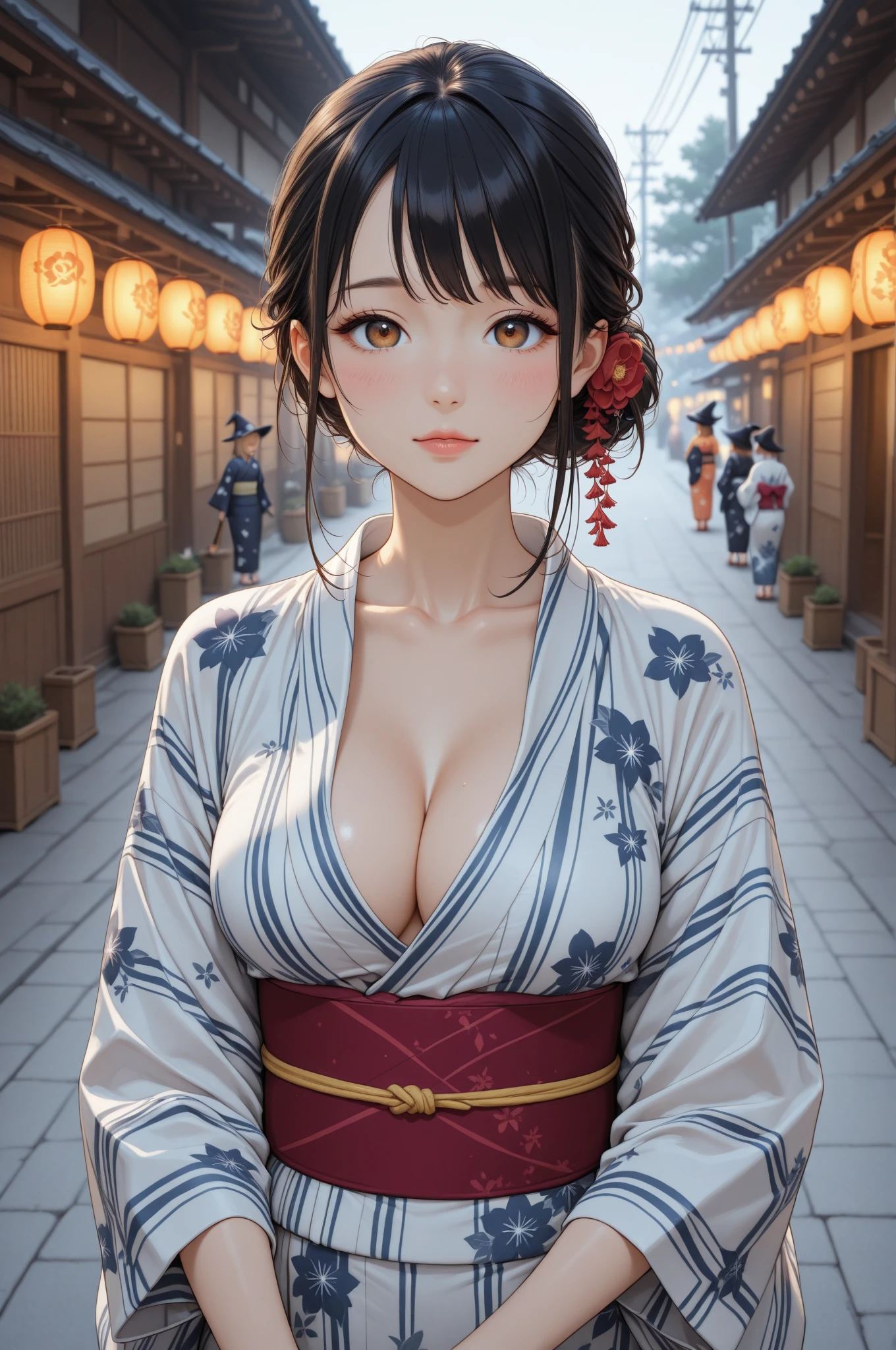 (masterpiece:1.3), (best quality:1.3), 8k, highres, intricate detailed, highly detailed, detailed background, depth of field, hdr, raw photo, sharp focus, film grain, tilt camera, perspective, close up shot, 1girl, solo, beautiful woman, mature female,ponytail, blonde hair, brown eyes, (long eyelashes:1.3), (eyeshadow:1.3), blush, gloss lips, (smirk:1.3), (large breasts:1.3), fit covered nipples, curvy body, yukata, looking at viewer, outdoors, crowded people, japanese festival, japanese architecture, east east asian architecture, scenery, nighttime
