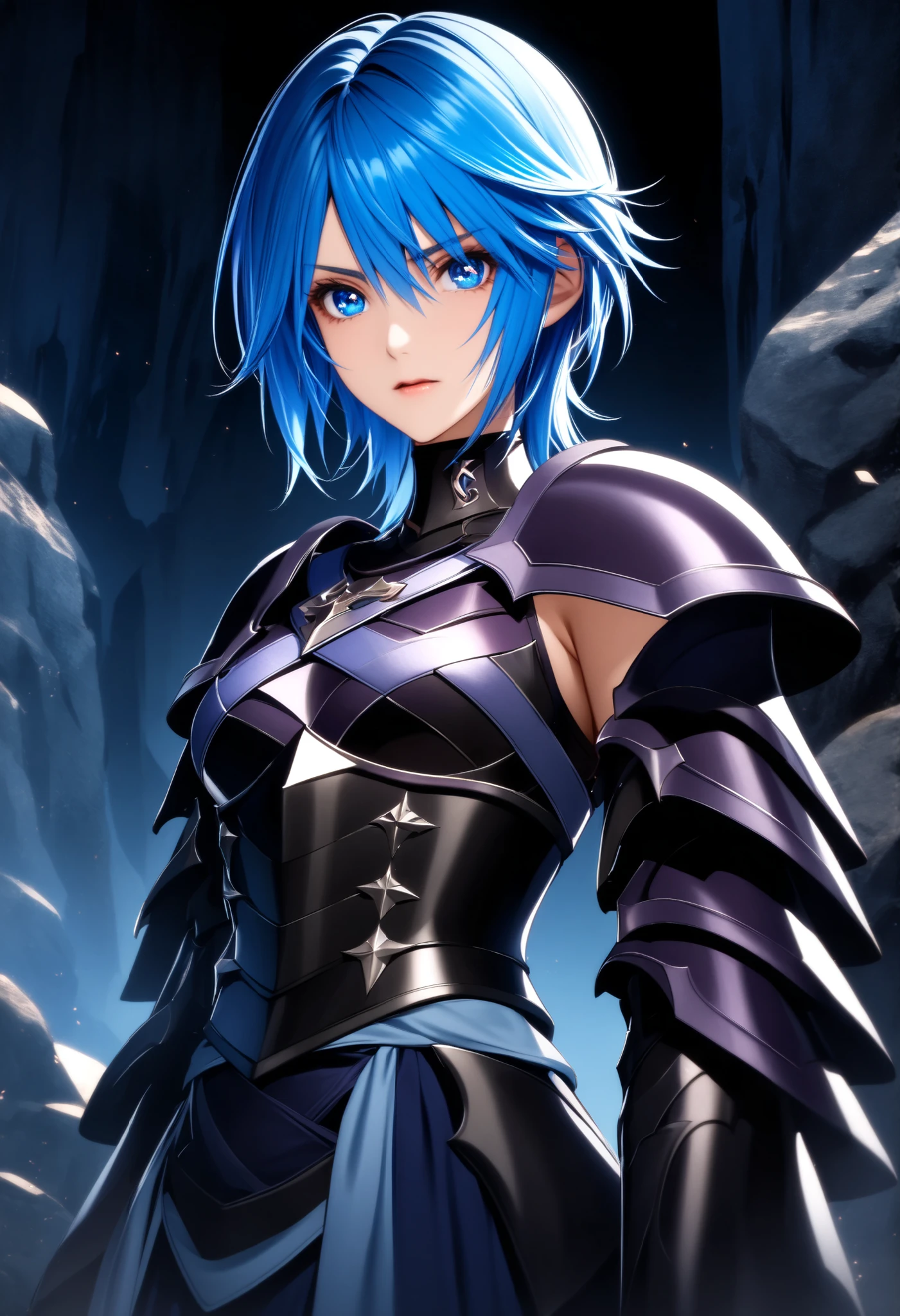 (high-quality, breathtaking),(expressive eyes, perfect face) Symmetrical Eyes, 1girl, female, solo, looking at viewer, black background, soft eerie blue lighting background, rock terrain background, Dark Purple Armor, trim, full plate armor, half body shot, solo, black armor, Specter, Dark Knights, KH3Aqua, 1girl, blue hair, blue eyes, short hair