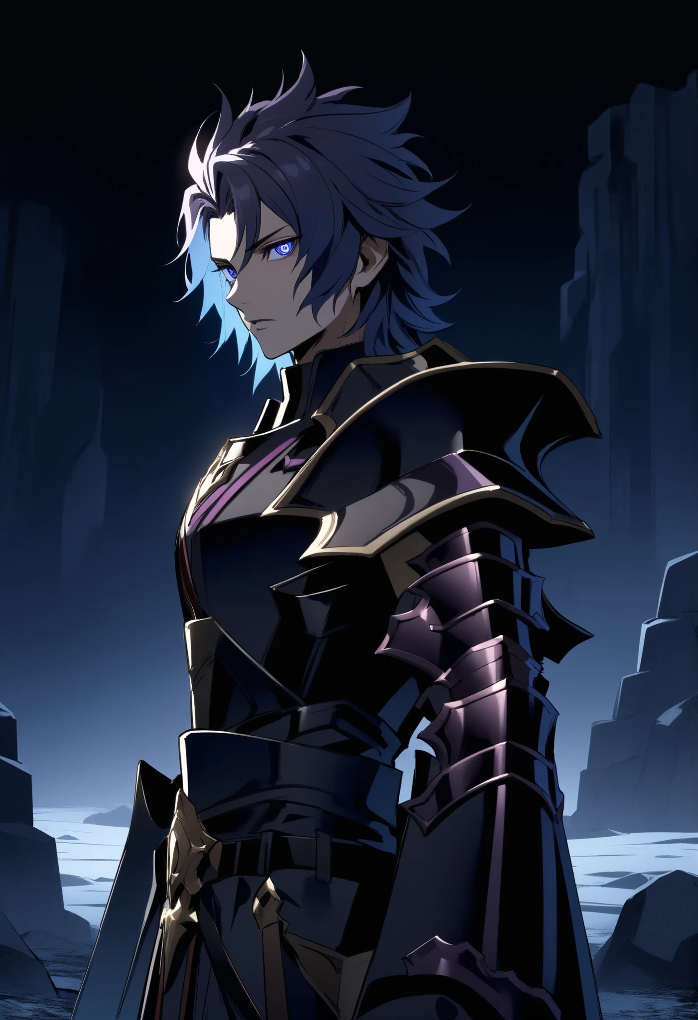 (high-quality, breathtaking),(expressive eyes, perfect face) Symmetrical Eyes, 1boy, male, solo, looking at viewer, black background, soft eerie blue lighting background, rock terrain background, Dark Purple Armor, trim, full plate armor, half body shot, solo, black armor, Specter, Dark Knights, KHTerra