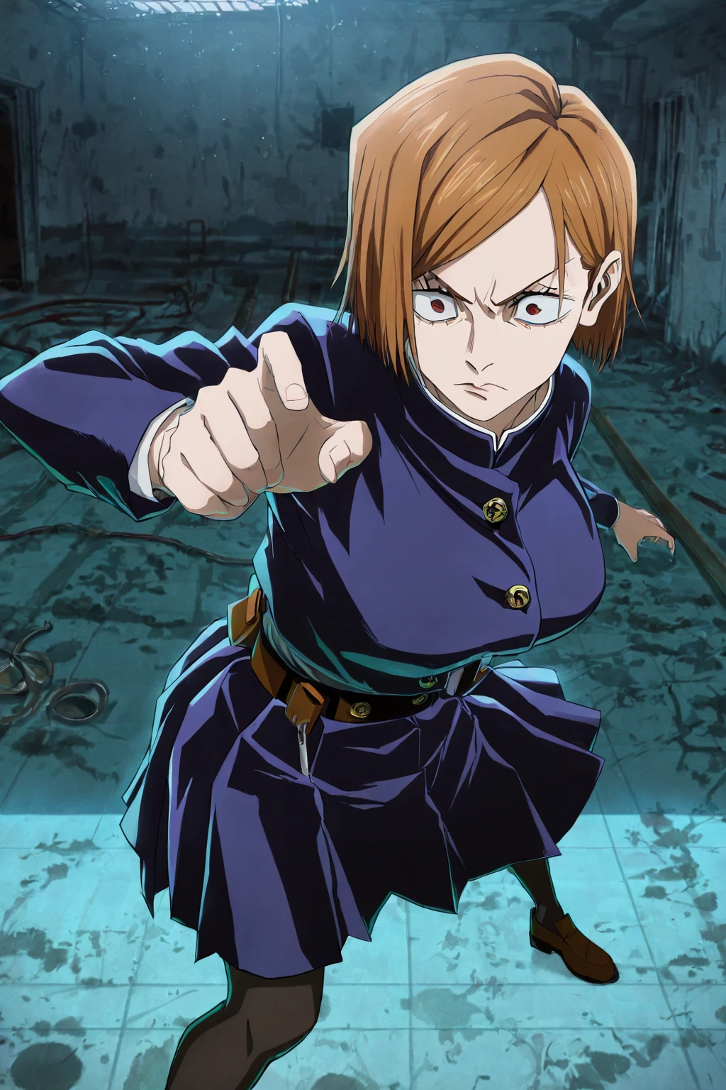 1girl, female focus, boku no hero academia, masterpiece, best quality, very aesthetic, cowboy shot, , ponytail curly hair, orange hair, dark pink eyes, smirk, red pendant, lavender jaket, dark purple shirt, purple shorts, pantyhose, fingerless gloves, belt, jewelry, spikes, boots 