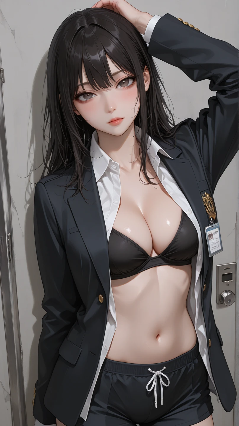 1girl, belt, black_hair, choker, jacket, jeans, lips, lipstick, makeup, midriff, navel, nose, pants, realistic, solo, ((naked tits, breasts out, exposed breasts, nipples, shirt lift))