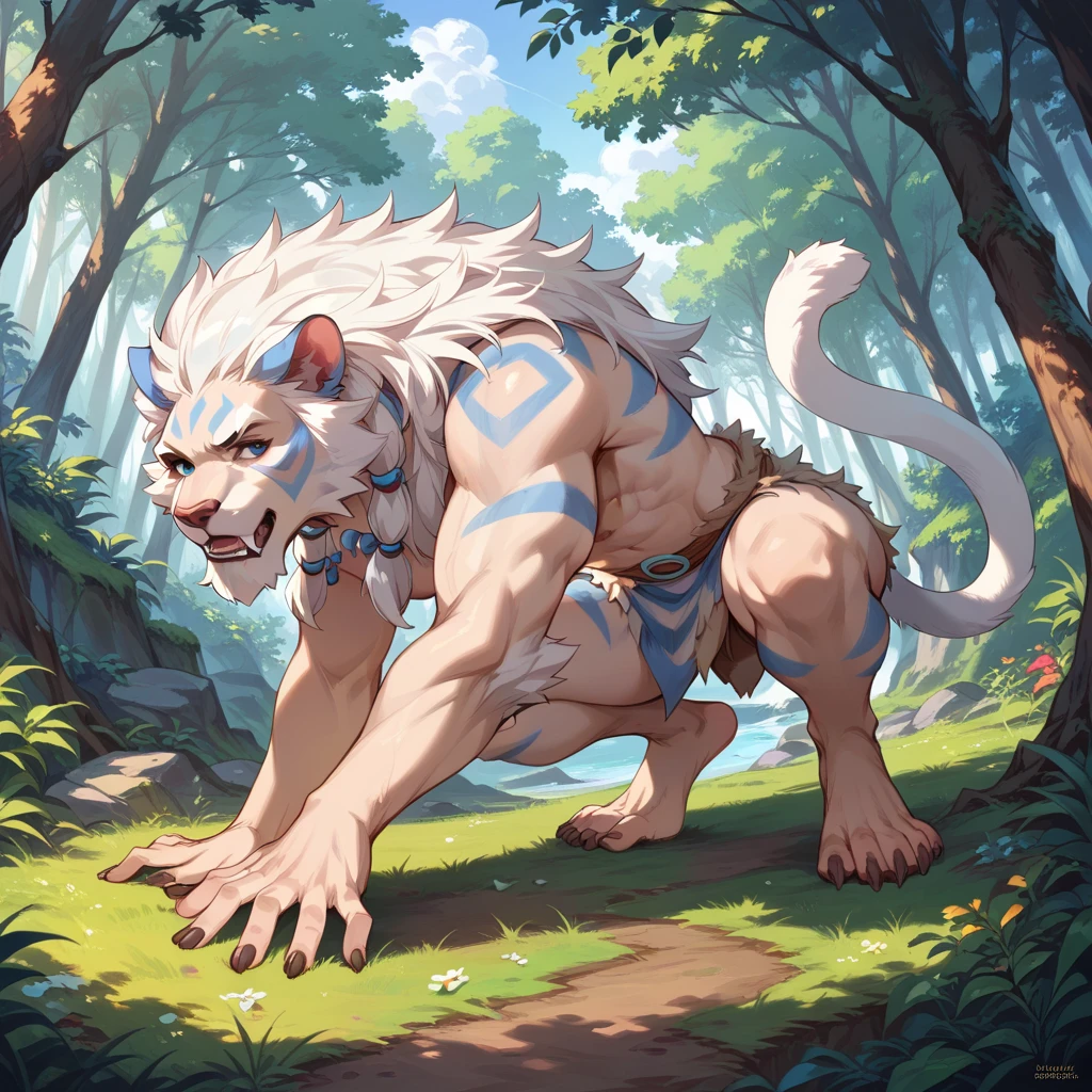 ultra-detailed, masterpiece, masterwork, high quality, best quality, hdr, (nature), , male, solo, lion, (()), (little white body lion), (long silver hair, yellow eyes), squatting, dynamic angle, (, perfect ), public hair
