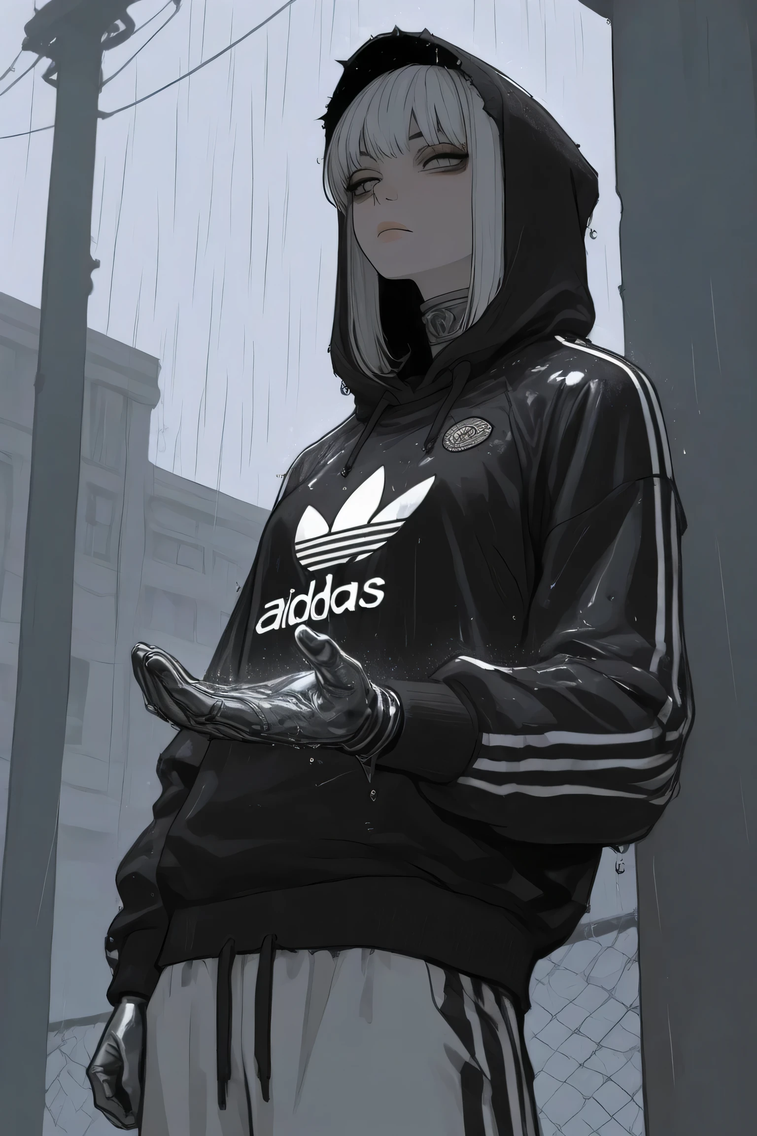 22-year-old full-bodied girl wearing a black sweatshirt with the adidas logo sweatpants missing surt intimidating appearance red dihital matrix code displayed out of biomechanical hand, , "ouch its hot" mimics, wears a hoody palto , ready for another rain of the favela looking at the spectator , forearm tatoos, mafia gangsta hoody rebel, silver graphite white heary augumentations of limbs, cybarpunk favela prodigy, grey eyes, white hair with grey highlights, edgy war dog posture
