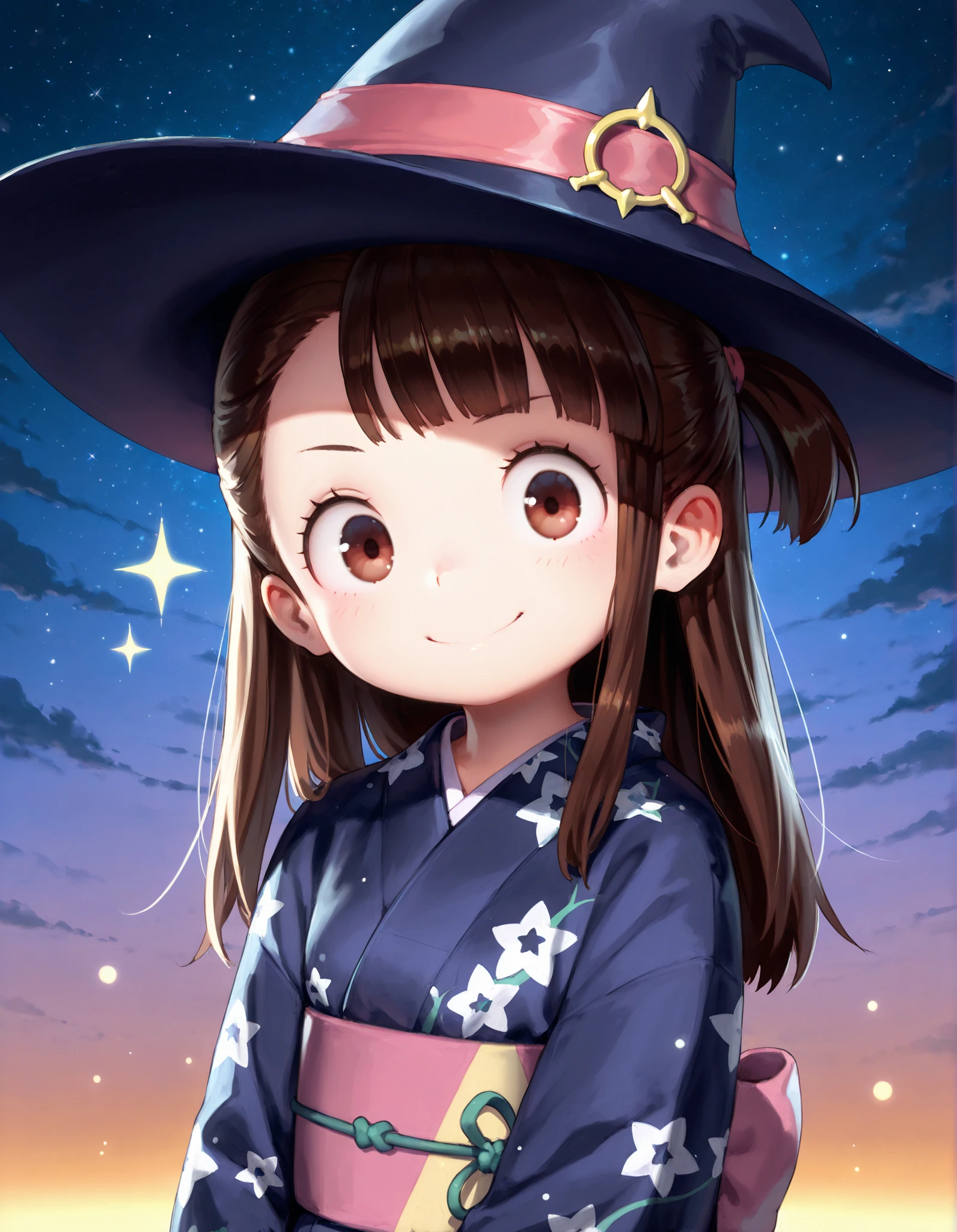 masterpiece, best quality, very aesthetic, 1girl,, hideousbeing, hideousbeingStyle,, solo, alternate eye color, asymmetrical bangs, blushes, brown eyes, brown hair, closed mouth, kagari atsuko, little witch academia, long hair, looking at viewer, smile, solo, sparkle, witch hat, wearing a mini yukata and a witch's hat,
