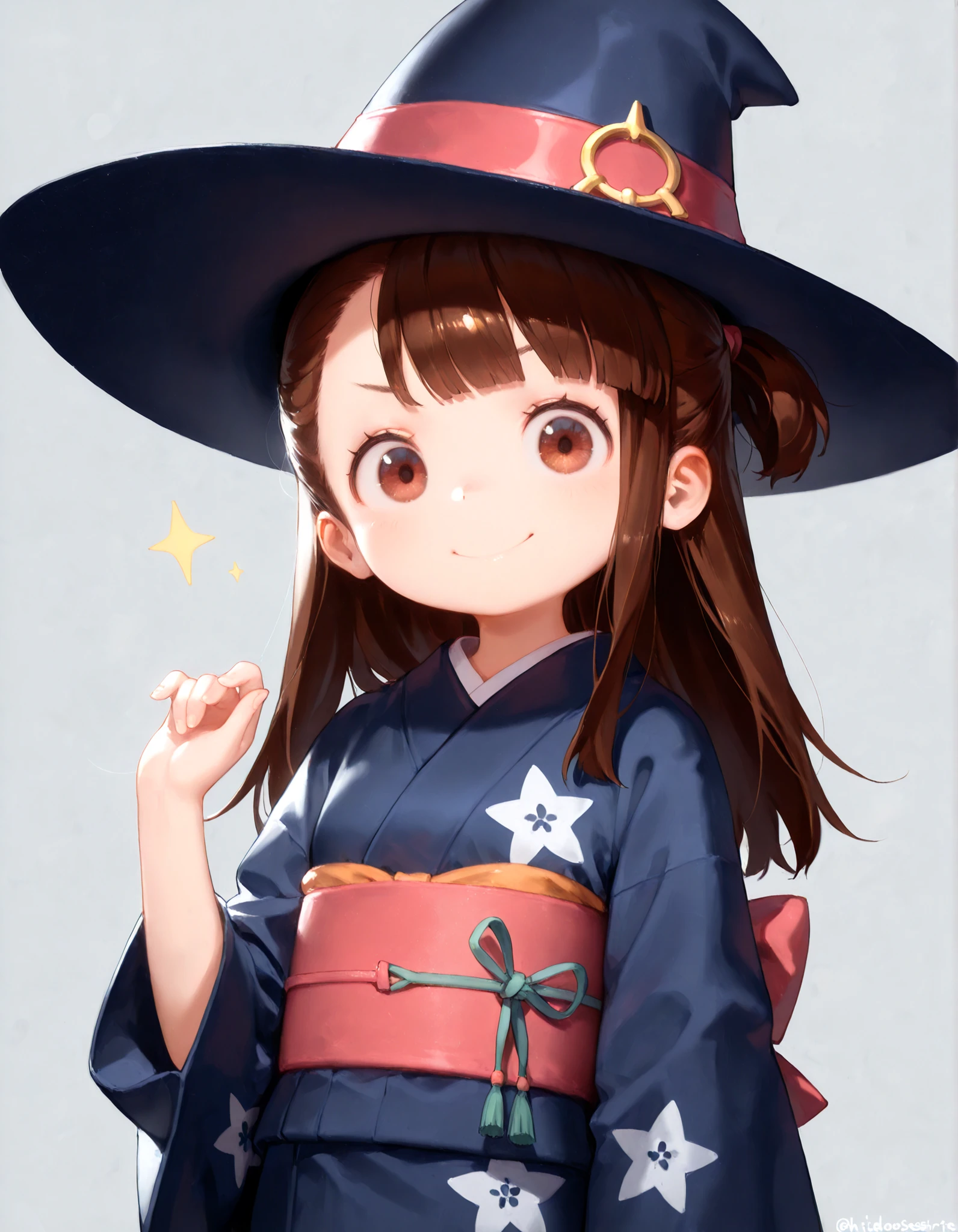 masterpiece, best quality, very aesthetic, 1girl,, hideousbeing, hideousbeingStyle,, solo, alternate eye color, asymmetrical bangs, blushes, brown eyes, brown hair, closed mouth, kagari atsuko, little witch academia, long hair, looking at viewer, smile, solo, sparkle, witch hat, wearing a mini yukata and a witch's hat,