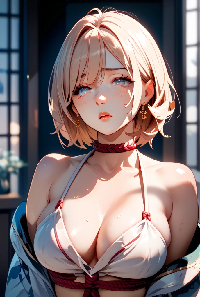 (masterpiece, best quality),female midlife, fit, european, blue eyes, crooked nose, unusual chin, dimpled cheeks, square face shape with angular jaw, fresh and dewy makeup , strawberry blonde space buns hair, cry wearing kimono robe, push-up bra, espadrilles, feathered headband,, hand on collarbone, placing a hand on the collarbone, creating a captivating and alluring pose, misty lighting, soft, misty light adding an air of mystery and enchantment to the scene