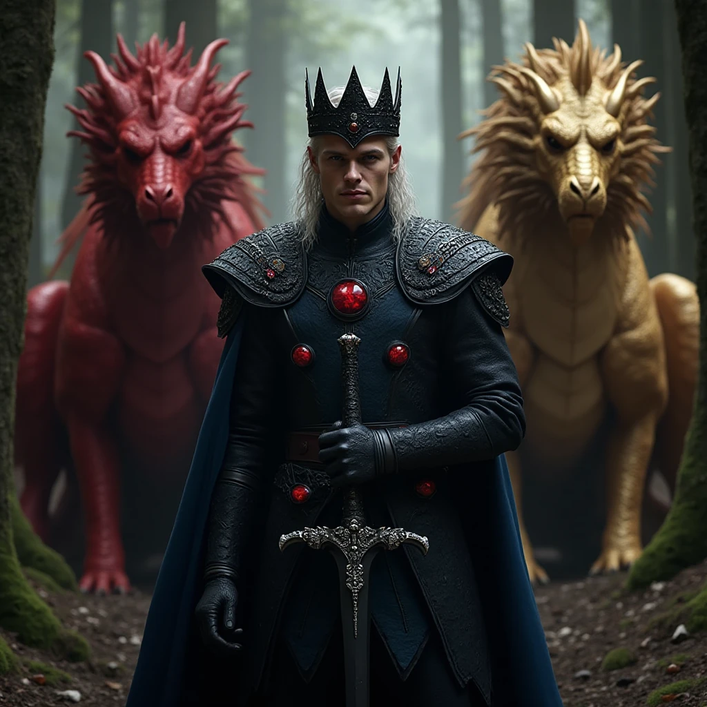 Handsome hot body . The scene unfolds with a striking and self-assured ager seated regally on an ornate throne, exuding an aura of quiet confidence. Their crimson red hair cascades down in loose waves, glowing like embers under the dim light, perfectly complementing their piercing crimson eye—a gaze that seems to hold secrets beyond their years. The other eye is concealed by a few strands of hair, adding an air of mystery.

Despite the grandeur surrounding them, this cool  nonchalantly holds a simple potato—its earthy simplicity contrasting sharply with the opulence of the moment, almost as though it's a symbol of their grounded nature amidst all the power.

Behind the throne looms a massive black dragon, its obsidian scales glinting faintly in the low light. Its golden eyes gleam with intelligence and loyalty, watching over the young ruler like a guardian spirit. Smoke curls lazily from its nostrils, blending into the misty atmosphere, while its presence adds both intimidation and majesty to the tableau.

This image captures the essence of paradox: raw power tempered by humility, ancient strength paired with youthful rebellion, and the extraordinary intertwined with the mundane—all embodied by a single figure holding court over their world, one potato at a time.