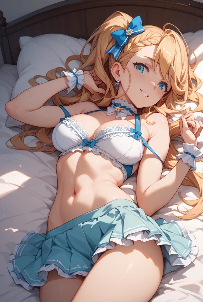 ((Highest quality、High resolution))、Beautiful woman、Perfect body、Beautiful and bountiful breasts、(tits)、long blond、bangs、Blue and white、Embellished blue sexy dress、skirt、(((Showing panties、I'm tempting you、A woman opening her legs and inviting sex)))、Outdoor Scenery