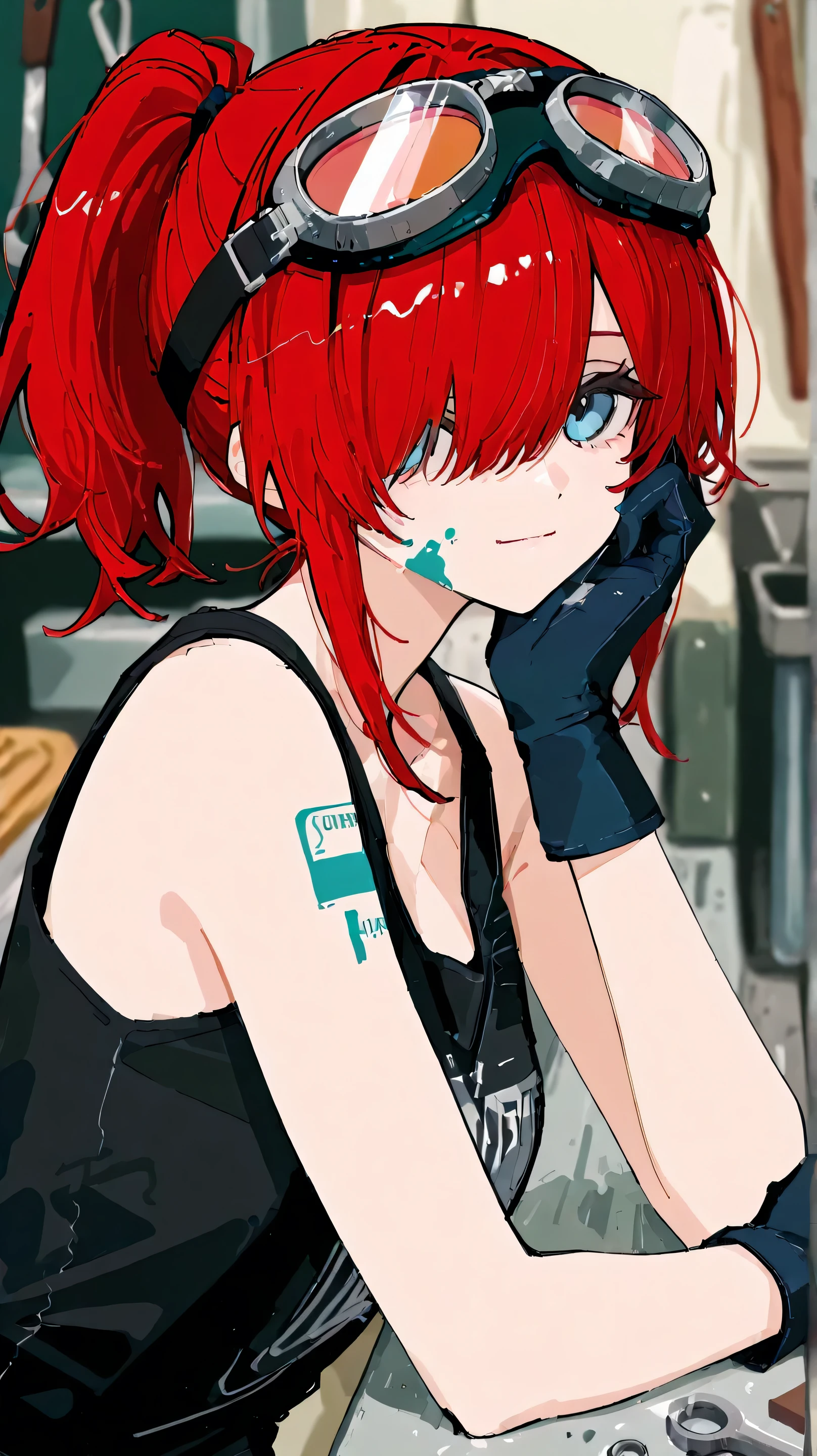 detailed,super fine illustration,748cmstyle,1girl,hair over one eyes,looking at viewer,red hair,light blue eyes,blurry background,upper body,grease on face,gloves,black tanktop,goggles on head,hand on cheek with one hand,counter,workshop,tools,light smile,ponytail