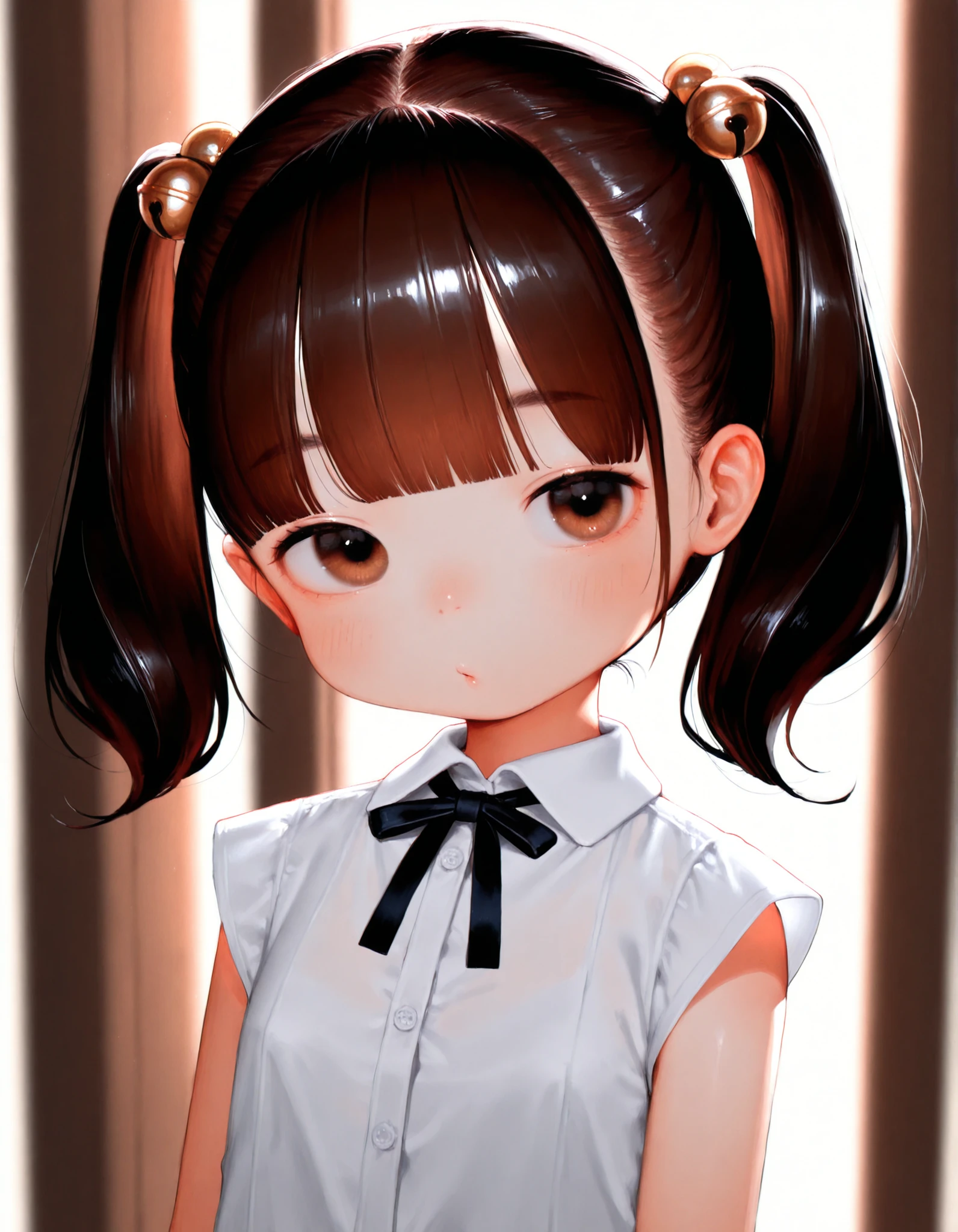 masterpiece, best quality, very aesthetic, 1girl,, safe, hideousbeing, hideousbeingStyle, solo, 1girl, arm at side, backlighting, bad id, bad pixiv id, bell, blunt bangs, blurry, blurry background, blush, bow, brown eyes,