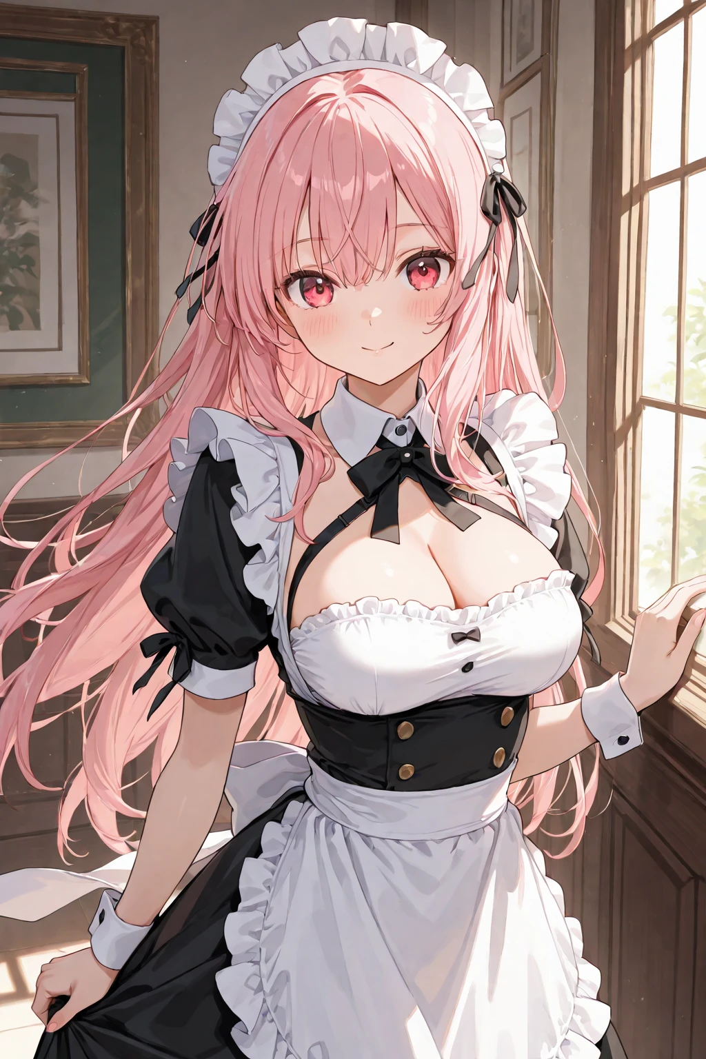1girl,elysia (miss pink) (honkai impact),slit pupils,pink pupils,elysia (honkai impact),elf,pointy ears,maid,fake horns,pink hair,gloves,long hair,blue eyes,white gloves,large breasts,maid headdress,bangs,thighhighs,apron,white thighhighs,dress,short sleeves,cleavage,white flower,maid apron,rose,frills,enmaided,ponytail,
<lora:smooth skin v1.3.2:1>,<lora:elysia_1024_Lion_dim128_kohyaLoRA_fp32_1e-1noise_token2_24-3-2023:0.7>,