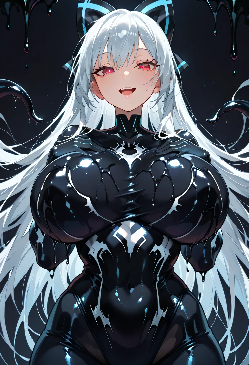 Masterpiece, source_anime, top-quality, perfect anatomically, correct , sharp focus, 4K, 8K, anime girl, highres, youthful, 1girl, solo, bright skin, Tokarev (Girls Frontline), white hair, long hair, red eyes, eyes detailed, eyelashes, bangs,  eyes,  smile, open mouth, looking at viewer, curvy, highres, slim waist, tall:1.3, very , , , :2.7, thick , thick , thick thighs, beautiful shape , ,  bigger than head, black liquid, manipulation black liquid, dark background, shadow background, black mucus, black liquid shape-shifting, black , venom , liquid , slimy , black mucus , black liquid cover body, shadow, black tentacles, Venom Assimilation, standing, achred ,  pose, dynamic pose, front view, upper body, close up, safe for work