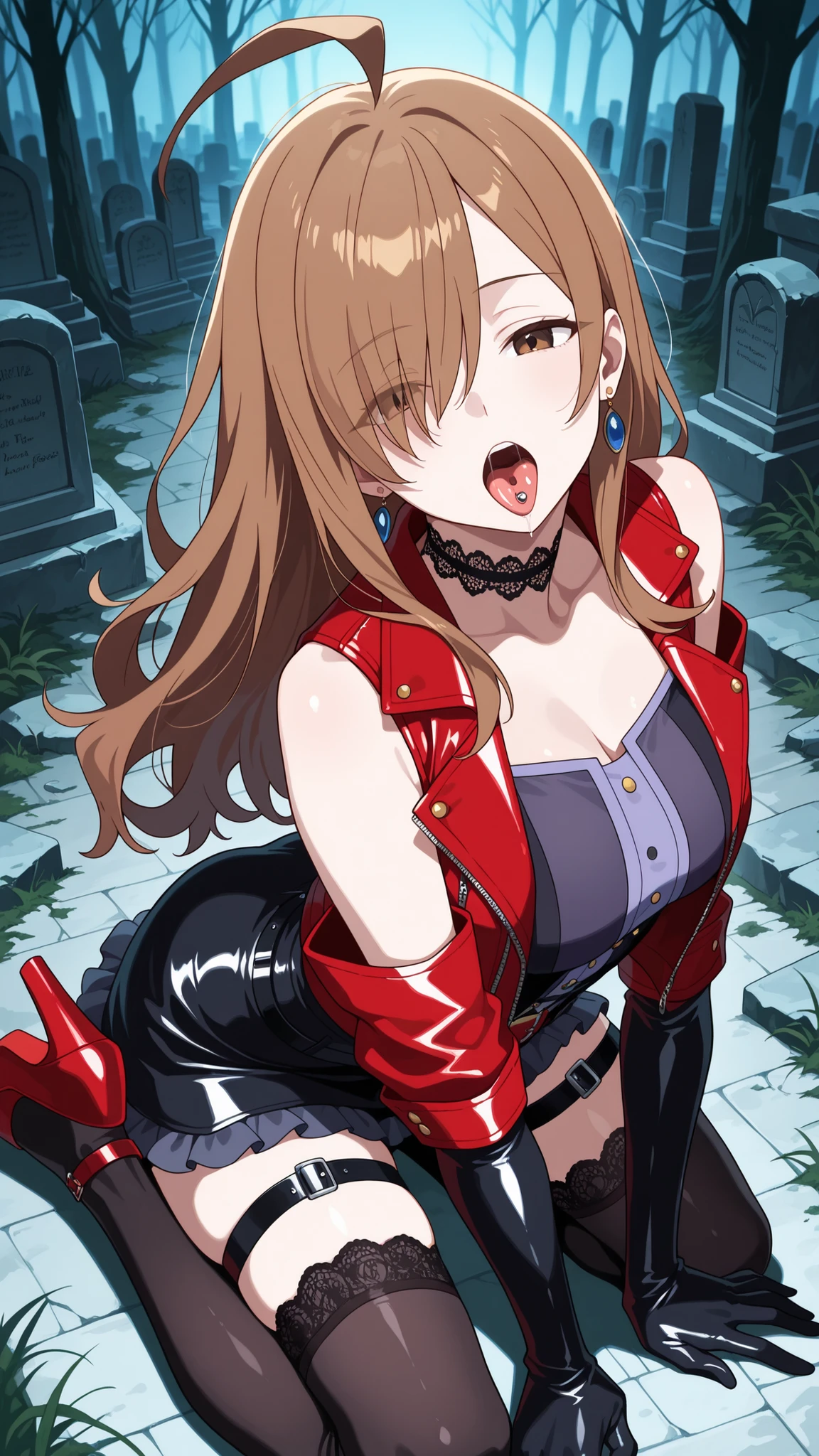 BREAK (masterpiece:1.2), best quality, high resolution, unity 8k wallpaper, (illustration:0.8),Ancient stone graveyard overgrown with weeds,
fog rolling through crooked tombstones,
leafless trees looming in the distance,
pale light filtering through clouds,
anime eerie background, high detail,wiz, ahoge, brown eyes, light brown hair, hair over one eye, long hair, jewelry,frilled skirt,leather skirt,dress, bare shoulders,belt, miniskirt, black skirt, black dress, thigh strap, sleeveless dress,black belt,red leather jacket,open jacket,black lace choker,earrings,black thighhighs,black gloves, elbow gloves,looking at viewer,cowboy shot,wide-angel,seductive expression,floatitng hair,sitting gracefully, seductive pose, kneeling on all fours, arched back, detailed body posture, soft lighting, realistic shading, focus on curves, suggestive pose,from above,open mouth,showing tongue,tongue piercing,saliva,luxury platform heels,red platform heels,