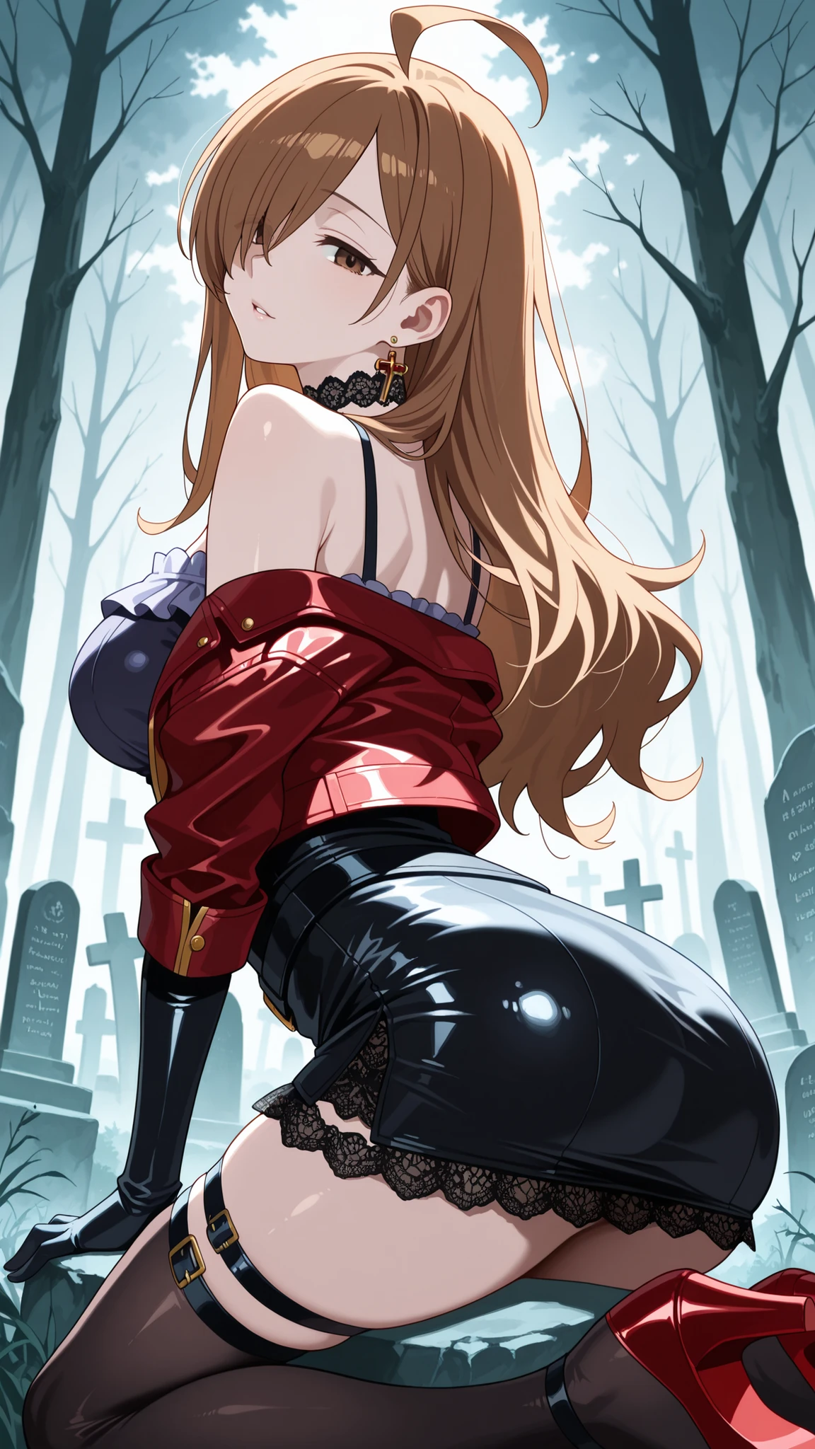 BREAK (masterpiece:1.2), best quality, high resolution, unity 8k wallpaper, (illustration:0.8),Ancient stone graveyard overgrown with weeds,
fog rolling through crooked tombstones,
leafless trees looming in the distance,
pale light filtering through clouds,
anime eerie background, high detail,wiz, ahoge, brown eyes, light brown hair, hair over one eye, long hair, jewelry,frilled skirt,leather skirt,dress, bare shoulders,belt, miniskirt, black skirt, black dress, thigh strap, sleeveless dress,black belt,red leather jacket,open jacket,black lace choker,earrings,black thighhighs,black gloves, elbow gloves,looking at viewer,cowboy shot,wide-angel,seductive expression,floatitng hair,sitting gracefully, seductive pose, kneeling on all fours, arched back, detailed body posture, soft lighting, realistic shading, focus on curves, suggestive pose,from below,from behind,photo from back,luxury platform heels,red platform heels,