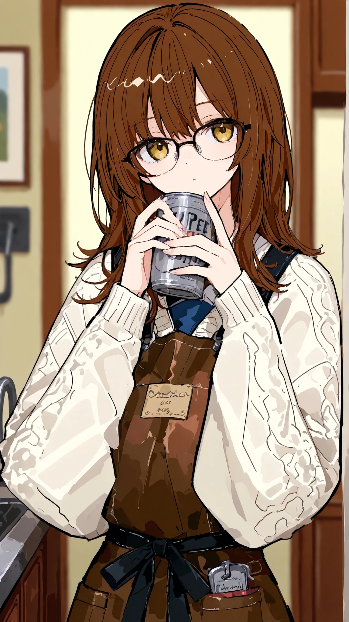 detailed,super fine illustration,748cmstyle,1girl,looking at viewer,brown hair,standing,blurry background,upper body,leather apron,thin cardigan,glasses,holding a rusty tin can with one hand