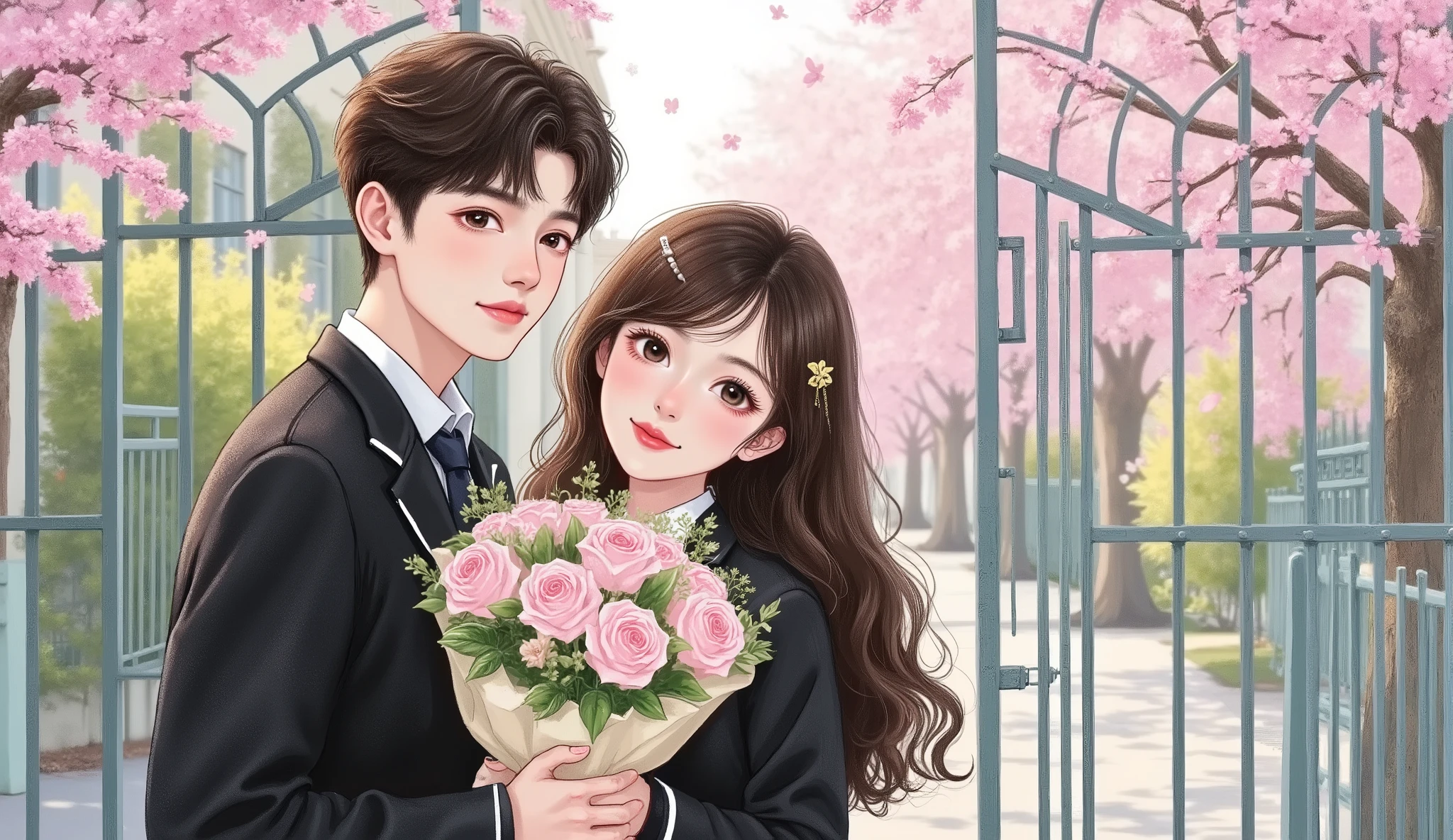one male and one female high school student, grade 12, wearing black and white school uniforms. Semi-realistic + manhwa style, natural Douyin makeup, fair skin, portrait or mid-shot. Background: in front of the school gate with visible campus buildings, bright spring sunlight, fresh youthful atmosphere.