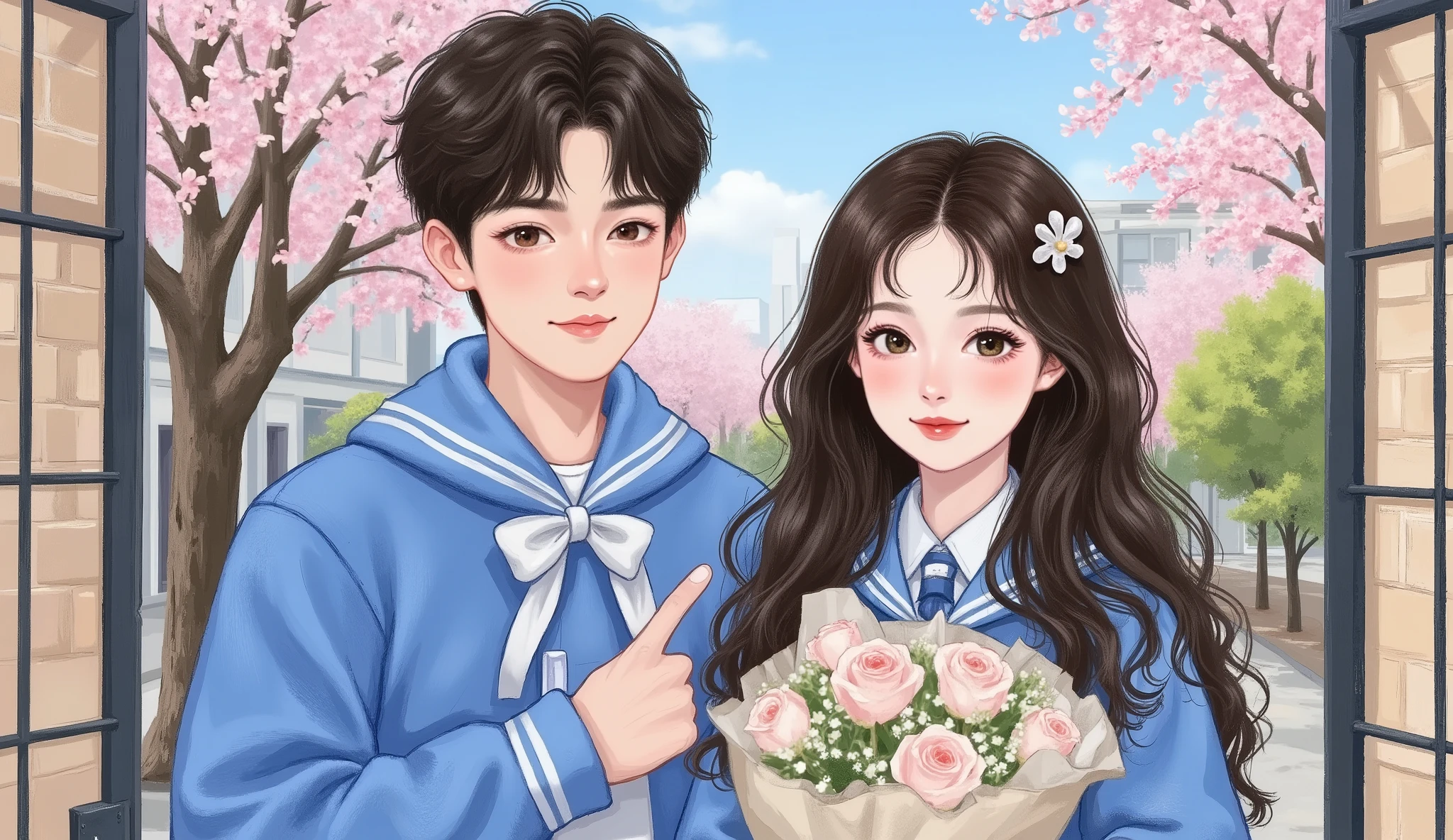 one male and one female high school student, grade 12, wearing Chinese high school uniforms in blue and white. Semi-realistic + manhwa style, natural Douyin makeup, fair skin, portrait or mid-shot. Background: in front of the school gate with visible campus buildings, bright spring sunlight, fresh youthful atmosphere.