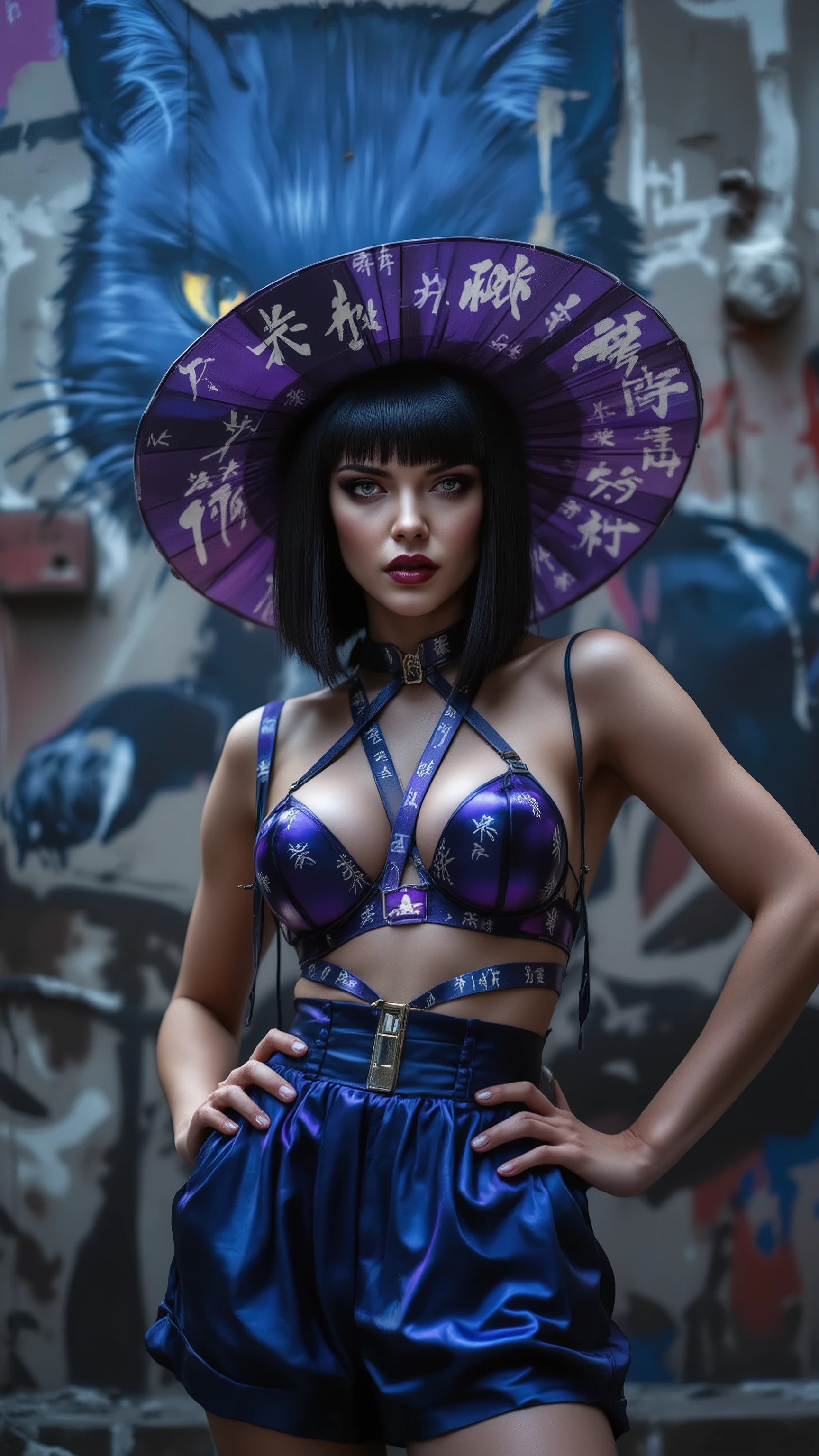 masterpiece fashion photography, ultra-detailed, 8k, Dutch angle shot. Stylish, provocative, and surreal. Style of modern fashion art and pop culture glamour. A breathtakingly beautiful model with a sharp, confident gaze. She has a sleek, sharp black bob haircut with straight-across bangs (густая челка) that frame her striking features. Her makeup is bold: defined eyeliner and deep plum lips. model wears a stunning, avant-garde lingerie set in deep, royal purple and indigo blue colors, inspired by a traditional yukata. bra is the centerpiece: its cups are made of rigid, glossy conical shapes that thrust forward dramatically. Both the cones and the straps are covered in intricate, hand-painted white Japanese calligraphy (kanji). She pairs it with matching high-waisted, silk shorts in the same royal purple, also adorned with subtle white kanji patterns. On her head, she wears a wide-brimmed hat in the same indigo blue fabric, tilted at a daring angle. hat is also covered in bold, white kanji characters. The shot is taken from a low Dutch angle, looking up at the model. She stands with one hand on her hip, her body twisted slightly to showcase the architectural bra. Her expression is powerful, defiant, and slightly mocking. Behind her is a massive, gritty urban wall covered in a breathtaking graffiti mural of a sleek, powerful black cat in mid-prowl. The cat's eyes are glowing yellow, and its style is a mix of traditional Japanese ink painting and modern street art. Dramatic, high-contrast fashion lighting. A strong key light from the side sharply highlights the glossy texture of cones and the silk of the shorts, creating deep, sculptural shadows. A cool blue gel light casts a subtle wash on the graffiti background to make it pop. Shot on a Hasselblad H6D-400C with cinematic lighting, capturing the glossy texture of the cones, the delicate shimmer of the silk, every stroke of the kanji, and the flawless beauty of the model's skin and sharp bob haircut.