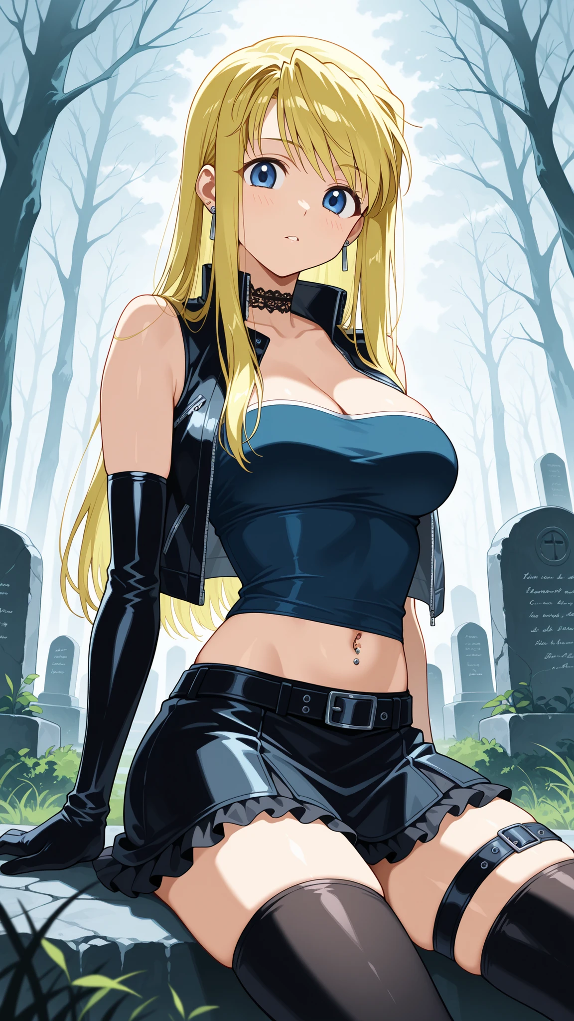 BREAK (masterpiece:1.2), best quality, high resolution, unity 8k wallpaper, (illustration:0.8),Ancient stone graveyard overgrown with weeds,
fog rolling through crooked tombstones,
leafless trees looming in the distance,
pale light filtering through clouds,
anime eerie background, high detail,winry rockbell, blue eyes, blonde hair,gloves, navel, cleavage,earrings,stomach,navel piercing,bare arms,strapless,tube top,white top,jewelry,frilled skirt,leather skirt,dress, bare shoulders,belt, miniskirt, black skirt, blue dress, thigh strap, sleeveless dress,black belt,blue leather jacket,open jacket,black lace choker,earrings,black thighhighs,black gloves, elbow gloves,looking at viewer,cowboy shot,wide-angel,seductive expression,floatitng hair,sitting gracefully, seductive pose,
