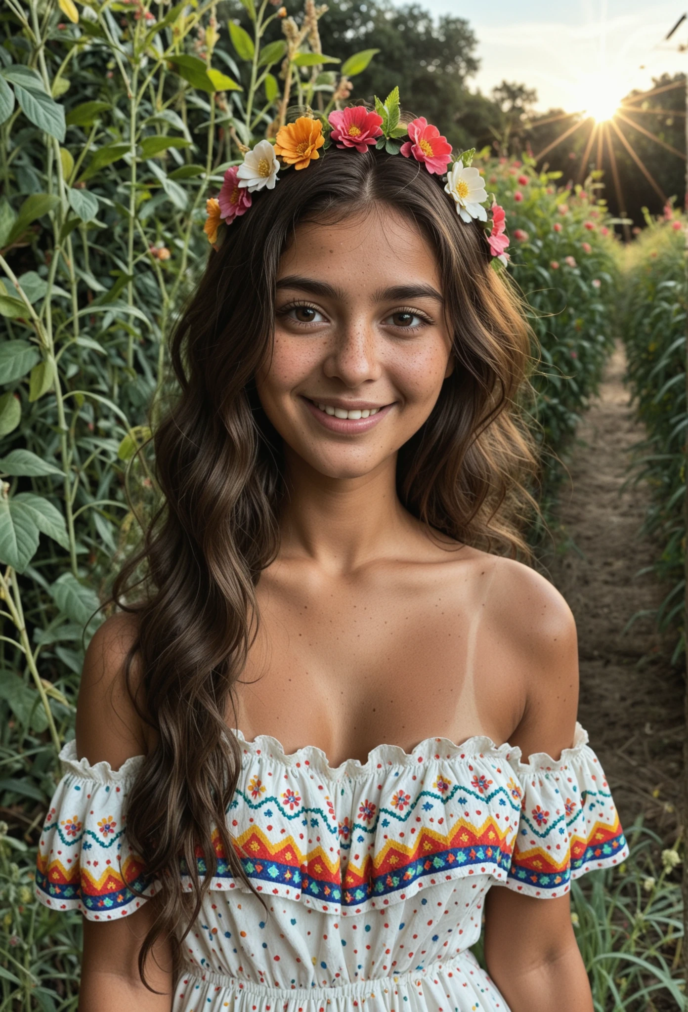 score_9, score_8_up, masterpiece, best quality, absurdres, amazing quality, ultra realistic, soft lighting, olive skin, (mexican woman), beautiful face, long wavy dark brown hair, flower crown, traditional mexican dress, colorful embroidery, off-shoulder blouse, folkloric style, ethnic jewelry, soft smile, detailed skin texture, shallow depth of field, vibrant outdoor market background, afternoon sunlight, extremely detailed skin, natural skin texture, shallow depth_of_field, blurry_background, 



