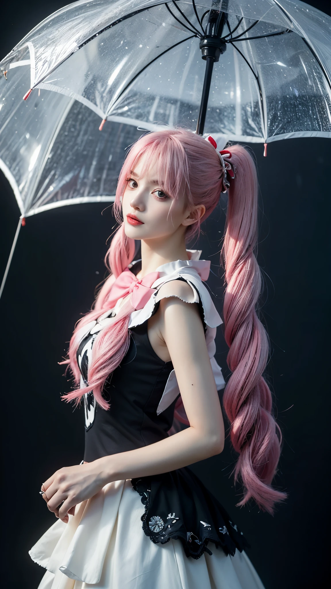 A hyper-realistic portrait of Perona from One Piece as if she exists in the real world, ultra detailed, lifelike textures, delicate porcelain-like skin with a soft pale tone, big expressive eyes with a glassy shine, long pastel pink hair styled in twin tails with perfectly detailed strands, wearing her gothic lolita black dress with white frills and red ribbons, intricate lace patterns, detailed fabric folds, a small crown on her head, holding a black umbrella with ornate silver details, slightly eerie yet elegant expression, surrounded by a faint ghostly aura, realistic lighting with cinematic depth, 8k ultra realistic photography, masterpiece, extremely detailed background with gothic castle elements and mist