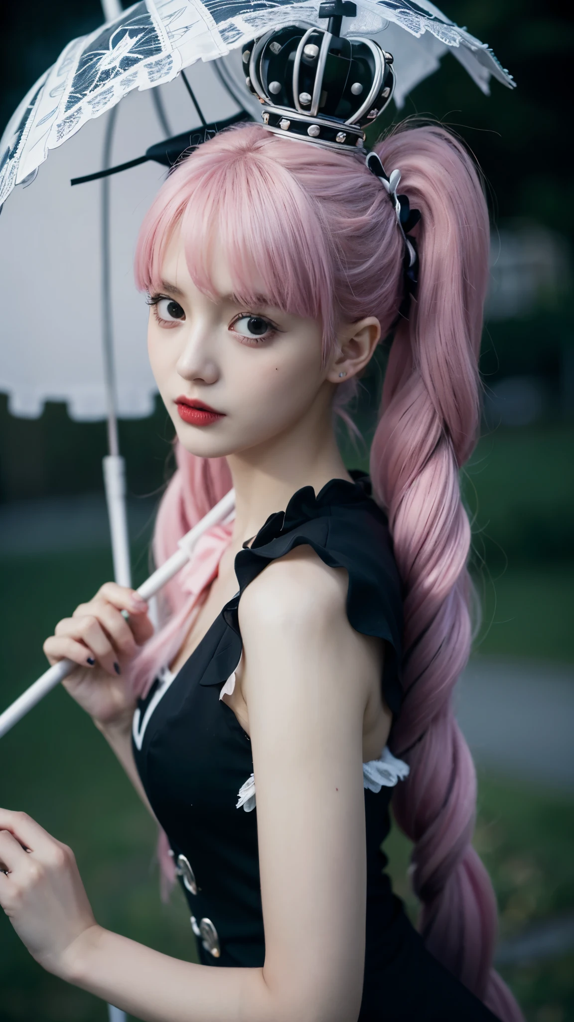 A hyper-realistic portrait of Perona from One Piece as if she exists in the real world, ultra detailed, lifelike textures, delicate porcelain-like skin with a soft pale tone, big expressive eyes with a glassy shine, long pastel pink hair styled in twin tails with perfectly detailed strands, wearing her gothic lolita black dress with white frills and red ribbons, intricate lace patterns, detailed fabric folds, a small crown on her head, holding a black umbrella with ornate silver details, slightly eerie yet elegant expression, surrounded by a faint ghostly aura, realistic lighting with cinematic depth, 8k ultra realistic photography, masterpiece, extremely detailed background with gothic castle elements and mist