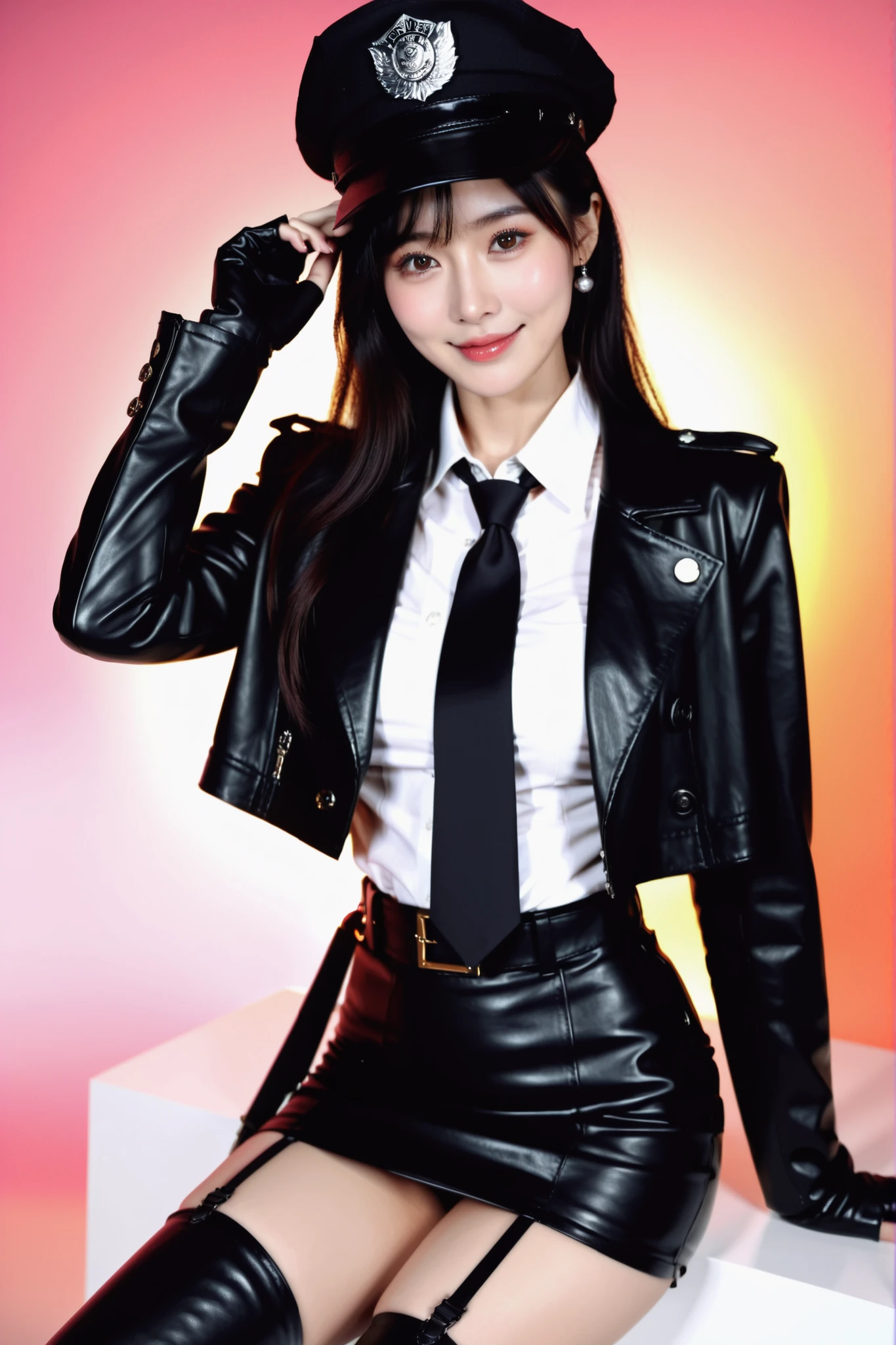 1girl, anime woman,chic smile, sharp eyes, Sunglasses hanging on the head, cop uniform, leather micro skirt, cop hat, leather necktie, black pantyhouse, leather thigh belt, leather thigh garter belt, leather knee boots, leather fingerless gloves, ring, jewelry, jacket, looking at viewer, black hair, very long ponytail hair, glow hair, darkbrown eyes, glowing eyes, One hand on the waist

Maximum facial details, Maximum detailed textures, Maximum detailed shadows, Maximum detailed backgrounds, intensely saturated lighting effects, luminous reflections, HDR-like contrast, vibrant color palette, glowing lights, vibrant reflections, surreal lighting, HDR effect, cinematic vividness, My Artwork style, ((4k, 8k, Ultra HD)), ((Masterpiece :1.2)), ((Best quality :1.2)), ((Detailed :1.5)), ((Detailed background :1.5)), soft_light, aesthetic_colors, loose_glitter, crumbly_shine,