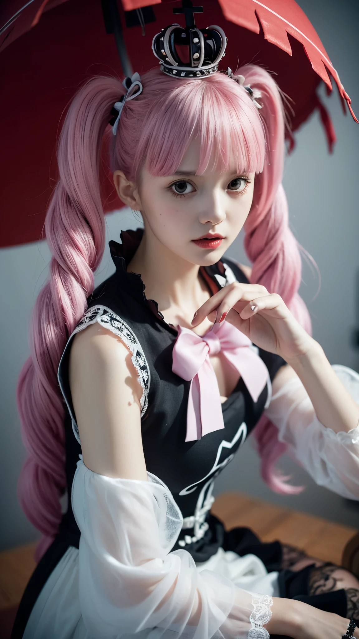 A hyper-realistic portrait of Perona from One Piece as if she exists in the real world, ultra detailed, lifelike textures, delicate porcelain-like skin with a soft pale tone, big expressive eyes with a glassy shine, long pastel pink hair styled in twin tails with perfectly detailed strands, wearing her gothic lolita black dress with white frills and red ribbons, intricate lace patterns, detailed fabric folds, a small crown on her head, holding a black umbrella with ornate silver details, slightly eerie yet elegant expression, surrounded by a faint ghostly aura, realistic lighting with cinematic depth, 8k ultra realistic photography, masterpiece, extremely detailed background with gothic castle elements and mist