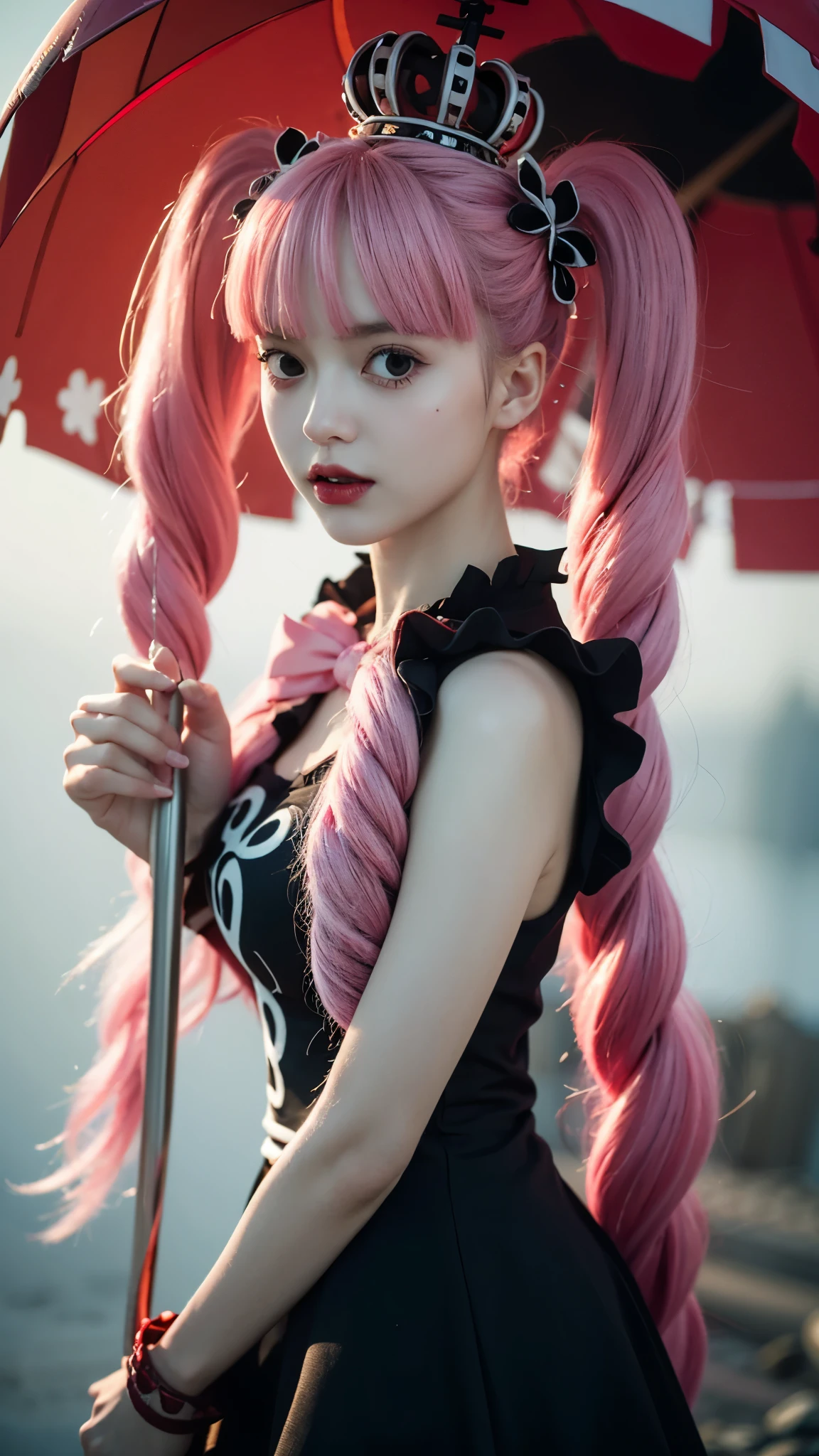 A hyper-realistic portrait of Perona from One Piece as if she exists in the real world, ultra detailed, lifelike textures, delicate porcelain-like skin with a soft pale tone, big expressive eyes with a glassy shine, long pastel pink hair styled in twin tails with perfectly detailed strands, wearing her gothic lolita black dress with white frills and red ribbons, intricate lace patterns, detailed fabric folds, a small crown on her head, holding a black umbrella with ornate silver details, slightly eerie yet elegant expression, surrounded by a faint ghostly aura, realistic lighting with cinematic depth, 8k ultra realistic photography, masterpiece, extremely detailed background with gothic castle elements and mist