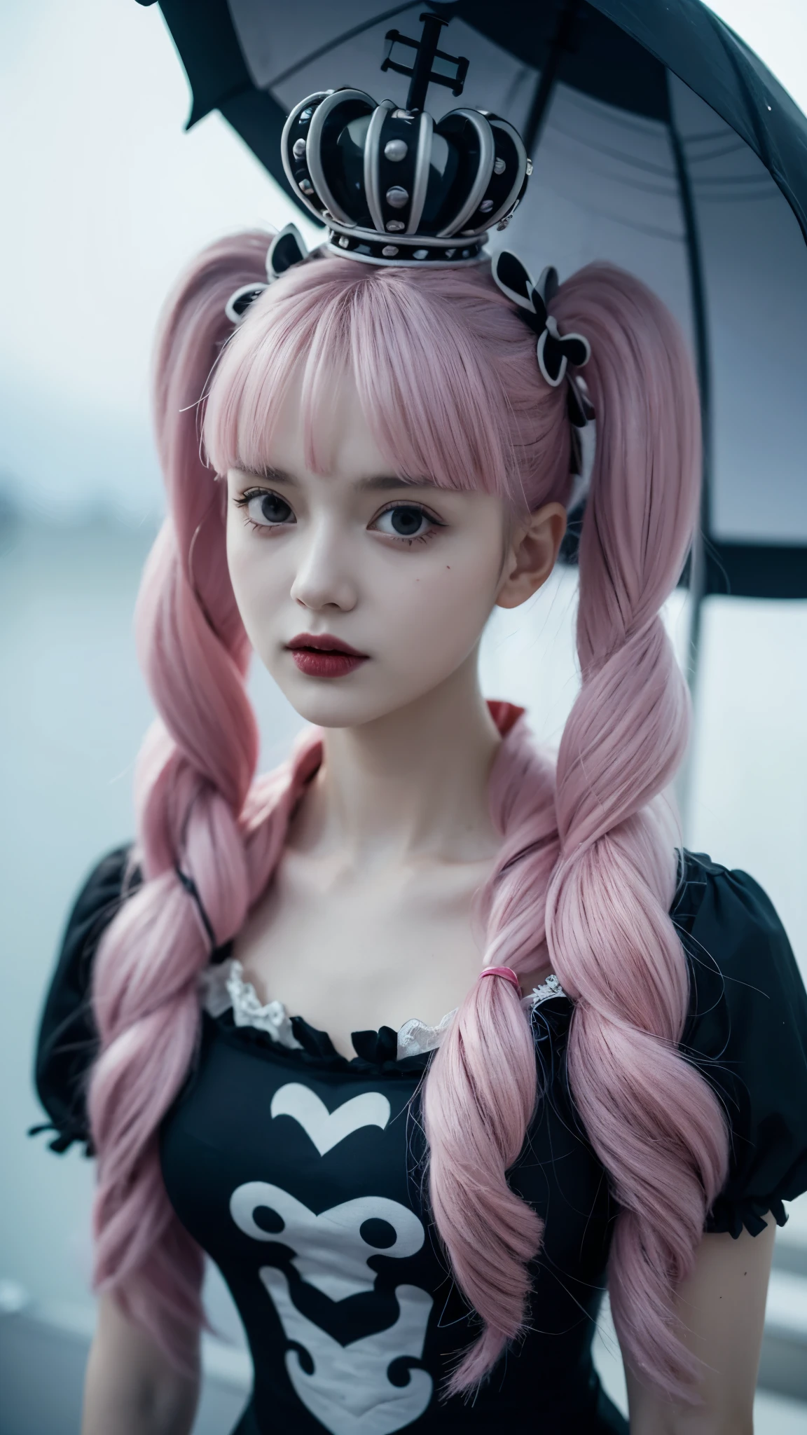 A hyper-realistic portrait of Perona from One Piece as if she exists in the real world, ultra detailed, lifelike textures, delicate porcelain-like skin with a soft pale tone, big expressive eyes with a glassy shine, long pastel pink hair styled in twin tails with perfectly detailed strands, wearing her gothic lolita black dress with white frills and red ribbons, intricate lace patterns, detailed fabric folds, a small crown on her head, holding a black umbrella with ornate silver details, slightly eerie yet elegant expression, surrounded by a faint ghostly aura, realistic lighting with cinematic depth, 8k ultra realistic photography, masterpiece, extremely detailed background with gothic castle elements and mist
