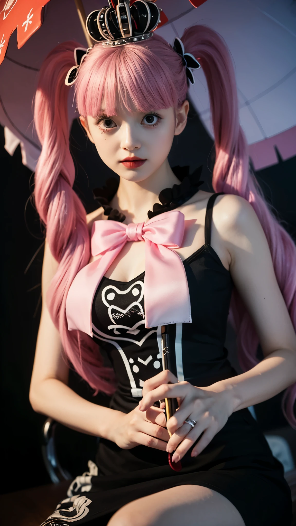 A hyper-realistic portrait of Perona from One Piece as if she exists in the real world, ultra detailed, lifelike textures, delicate porcelain-like skin with a soft pale tone, big expressive eyes with a glassy shine, long pastel pink hair styled in twin tails with perfectly detailed strands, wearing her gothic lolita black dress with white frills and red ribbons, intricate lace patterns, detailed fabric folds, a small crown on her head, holding a black umbrella with ornate silver details, slightly eerie yet elegant expression, surrounded by a faint ghostly aura, realistic lighting with cinematic depth, 8k ultra realistic photography, masterpiece, extremely detailed background with gothic castle elements and mist