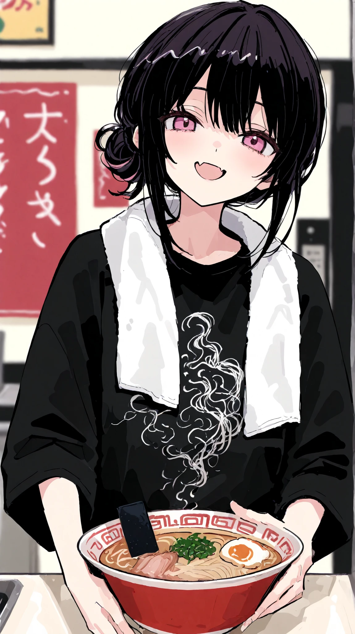 detailed,super fine illustration,748cmstyle,1girl,looking at viewer,black hair,pink eyes,messy bun,blurry background,upper body,black plain t-shirt,counter,smile,open mouth,skin fang,towel around neck,ramen shop,serving ramen