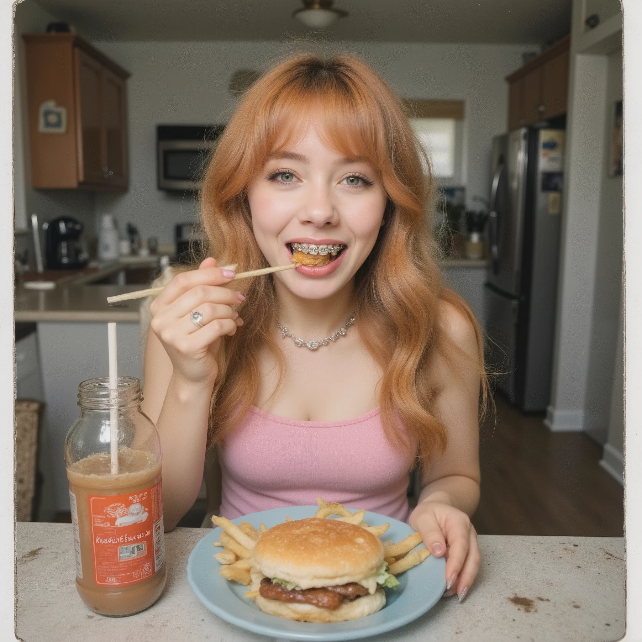 geek girl with brac3s on the teeth、BENDINGBUTTOCKS 、(buttock augmentation)、butt super squished、 Collorbone、Food pictures 、Family Breakfast、(An opossum and Southern girl eating breakfast)、 She is wearing a cotton tank top made of a single light pink piece of fabric. long burnt-orange hair youthful lady with chopsticks、southern food、Fries in a soda、chinken soup、Grilled cheese sandwich on a blue plate、Everyday Scenery in girly colorful room、Retro Interior from the 1970s,Calm cinematic pictures。Nostalgic Atmosphere from the 1970s。Polaroid camera texture。Polaroid Picture Style Frame on the Screen、written in pen on bottom of frame 1972.5 and date、Slightly blurry photo