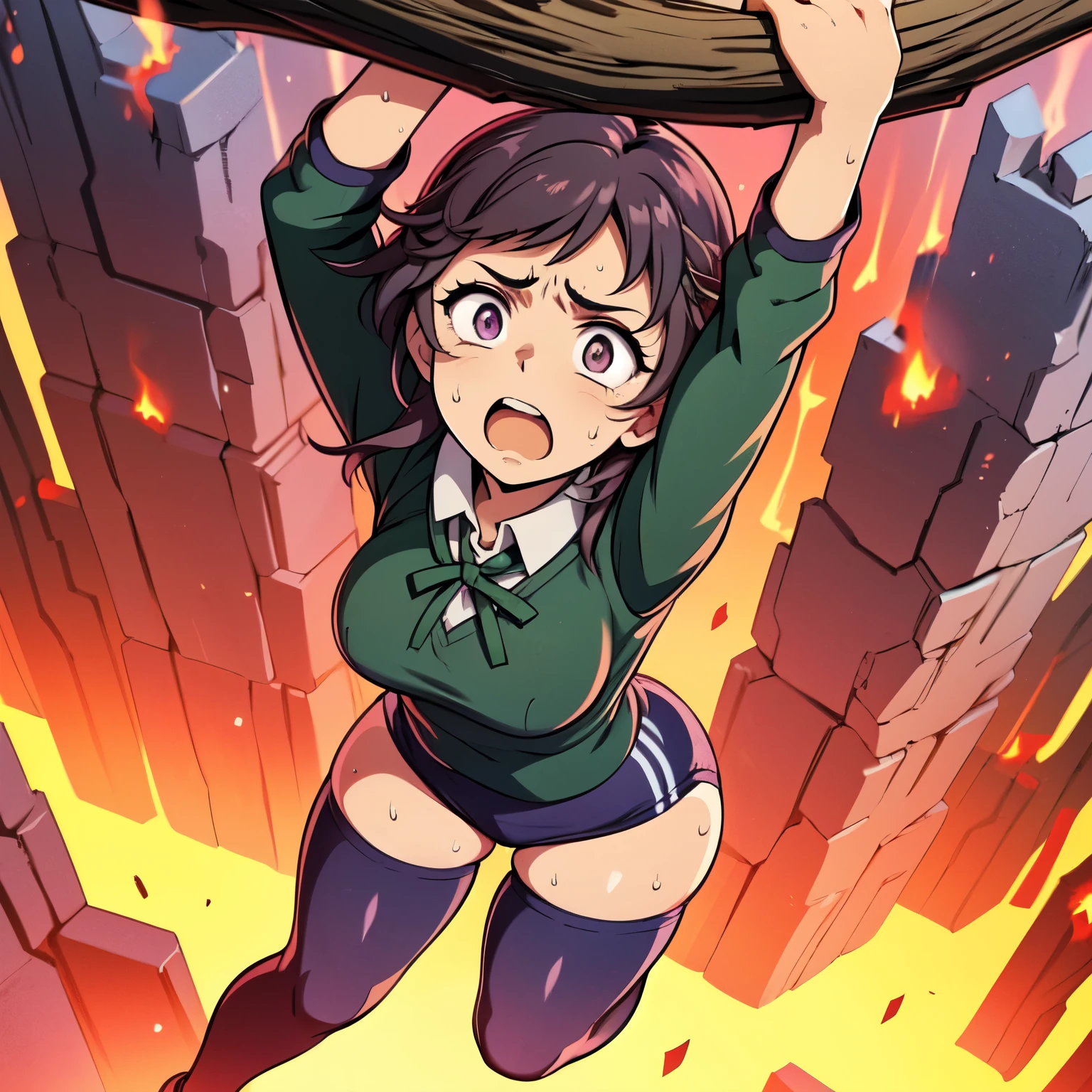 masterpiece,best quality,highly detailed,1girl,solo,scared,raised eyebrows,constricted pupils,surprised,clenched teeth,sweat,sweatdrop,purple eyes,black hair,long hair,lycoris uniform,green ribbon,long sleeves,black gymnastics bloomers,high leg,self wedgie,collared shirt,kneehighs,
BREAK
(((hanging from branch in high position, arms up))),hanging from branch,holding branch,grabbing branch,close-up,outdoors,foreshortening,perspective,from above,scenery,(((fire,lave, fire storm,))),