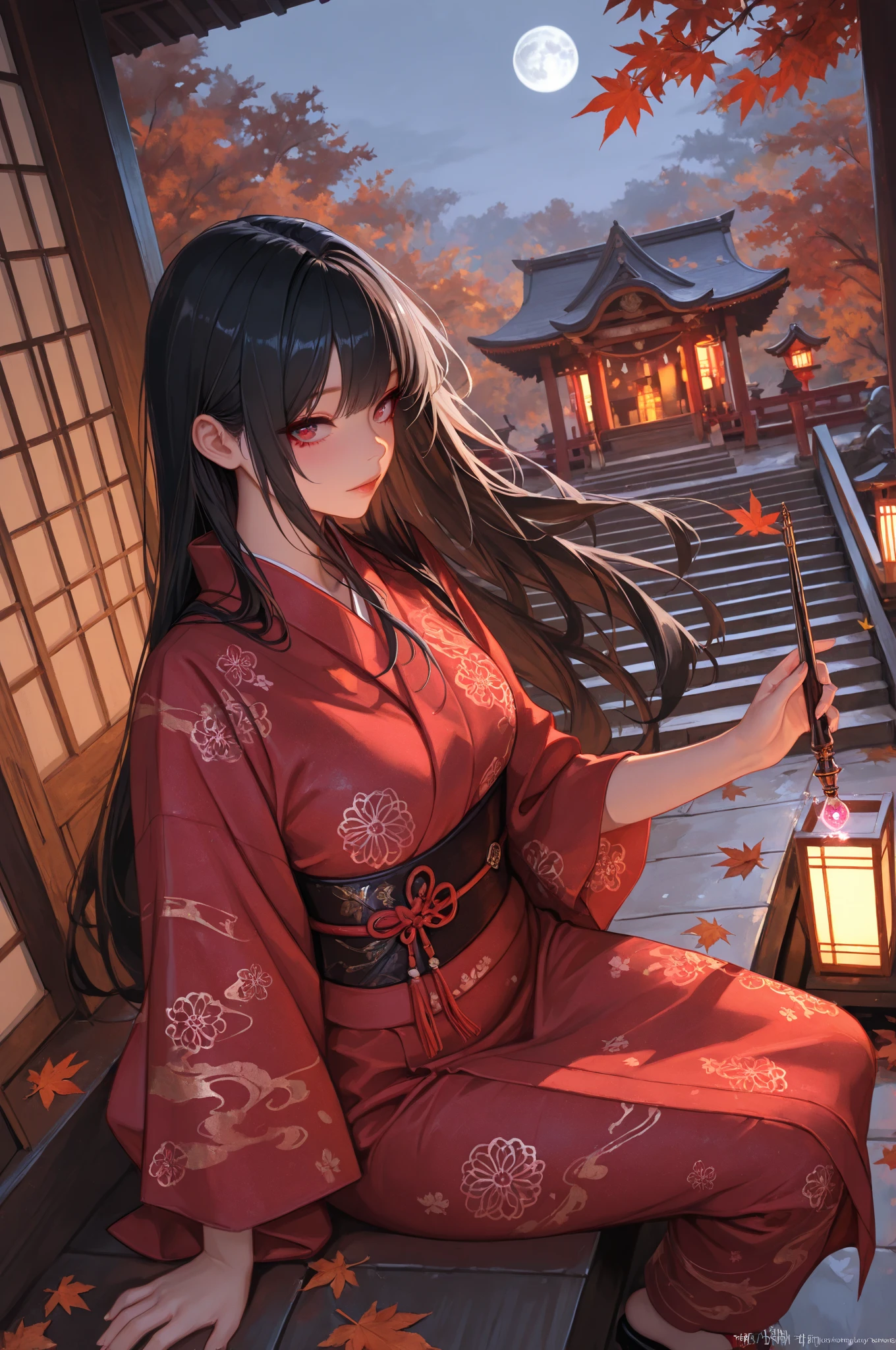Small shintō MIKO with dark skin and long black hair, amber eyes, in the temple garden taking care of the flowers. 