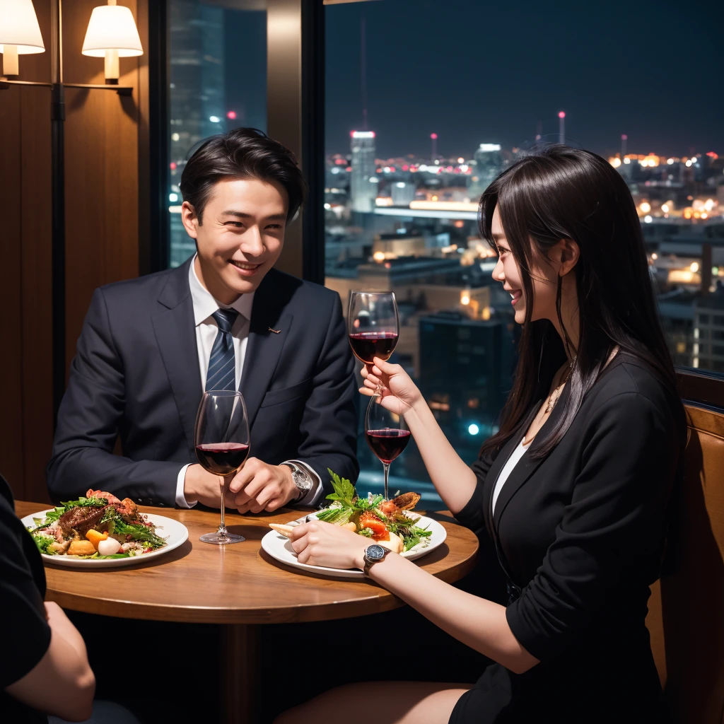 ((Highest quality、8K、masterpiece:1.3))、 (Ultra-realistic、 Genuine、Bright image、Intricate details:1.2), 最高のsmile、1 male 1 female、party、Beautiful couple、Love Love Love、Tokyo Lovers、friend、actress couple、smile、Full-course dinner at a packed table、 (Slim face), (the body is slim), (Brown Hair), (short hair), テーブルのwine glass、Please shine a light on my face、 Amazing view of the sunset sky and clouds、 years old 39 years old, red wine 、Appetizers、Wine bottle、sparkling wine、Long sleeve shirt、dress、White wine, red wine, wine glass, 