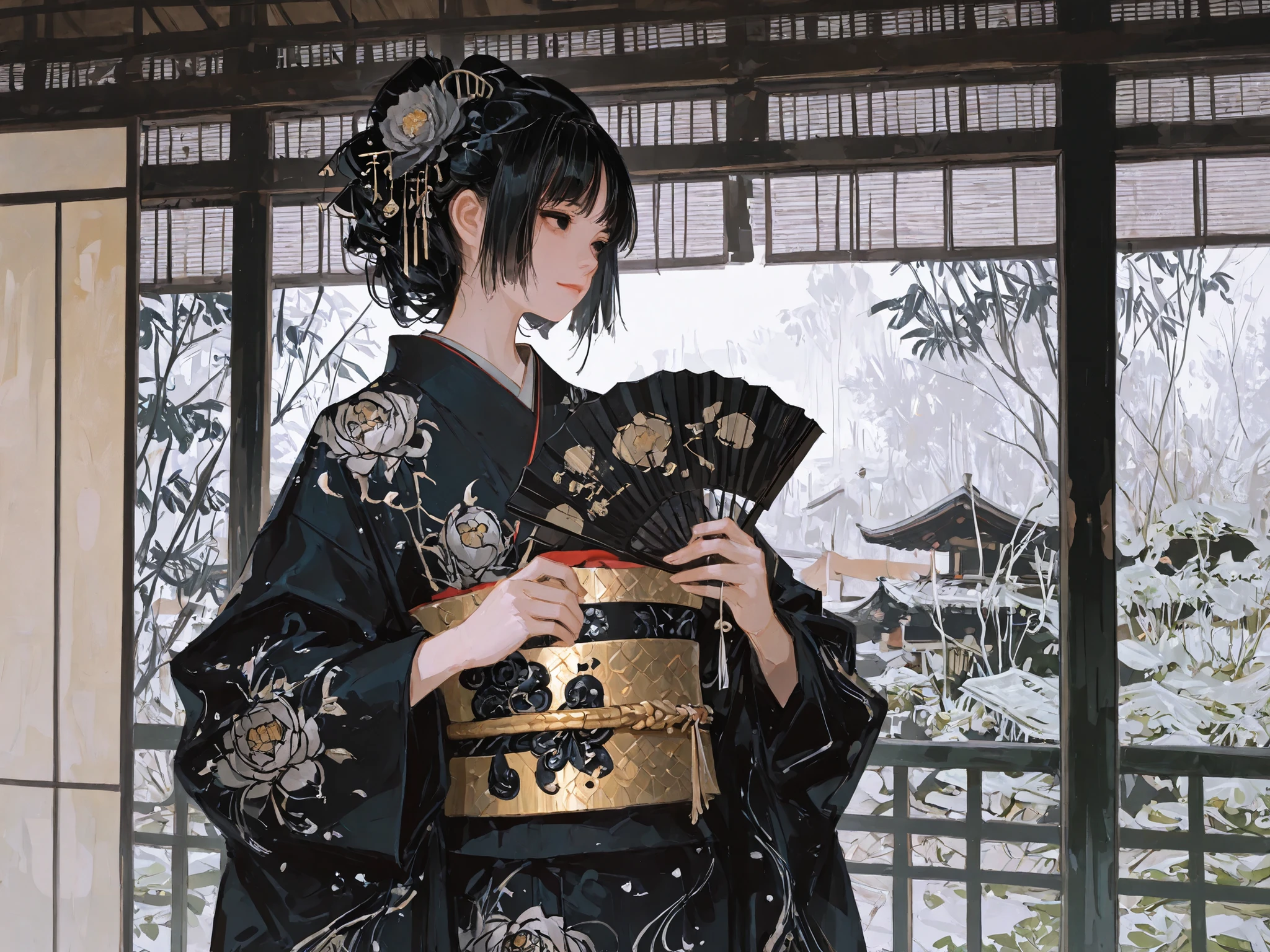 medium shot, front shot, looking away, makes an aesthetic, Japanese garden in background, Master piece, Best Quality, ultra detailed, a beautiful girl, solo, long black hair, hair up with Kanzashi(Japanese hair ornament), beautiful detailed black eyes, black yukata with silver Japanese Peony pattern, gold Japanese belt, holding a closed white folding fan, light smile, twilight