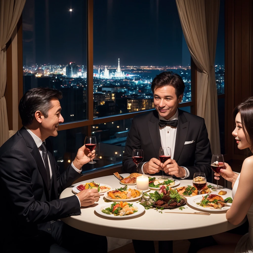 ((highest quality、8k、masterpiece:1.3))、lover、Beautiful couple、smile、full-course dinner、 (Slim face), (the body is スリム), (Brown Hair), (Short Hair), Wine glasses on the table、Amazing view of the sunset sky and clouds、 (Age 36), 39 years old, Wine bottle、Champagne、sparkling wine、Long sleeve dress、White wine, red wine, 