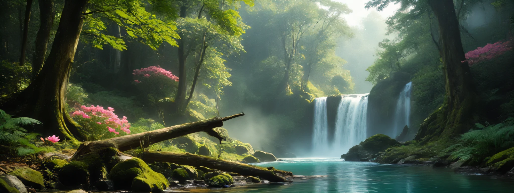 “Ultra-realistic fantasy forest photoshoot, captured from inside a lush enchanted jungle.
In the foreground, vibrant pink lotus-like flowers bloom along the riverbanks, with mossy rocks and fallen branches resting on the damp ground. The turquoise-blue water sparkles as it flows gently across stones, forming ripples and reflections of the glowing greenery above.
In the middle ground, a fallen tree trunk covered in vines stretches diagonally across the river, acting as a natural bridge. Above it, cascading twin waterfalls tumble down moss-covered cliffs, blending into the tranquil river pool. Mist rises softly from the falls, creating a mystical glow as sunlight filters through.
In the background, towering trees with twisted roots and dense foliage rise into the sky, their canopies dotted with clusters of pink-blossomed trees that radiate a dreamlike beauty. Shafts of warm golden sunlight pierce through the leaves, illuminating patches of forest floor and highlighting the enchanted atmosphere.
Tiny details complete the scene: scattered ferns, glowing reflections on the water, soft fog drifting between the trees, and hints of distant hidden waterfalls.
The mood is magical, serene, and cinematic — blending realism with high-fantasy beauty. Shot style: wide immersive angle, ultra-detailed textures of bark, water, flowers, and moss, with dramatic light and shadow play.”