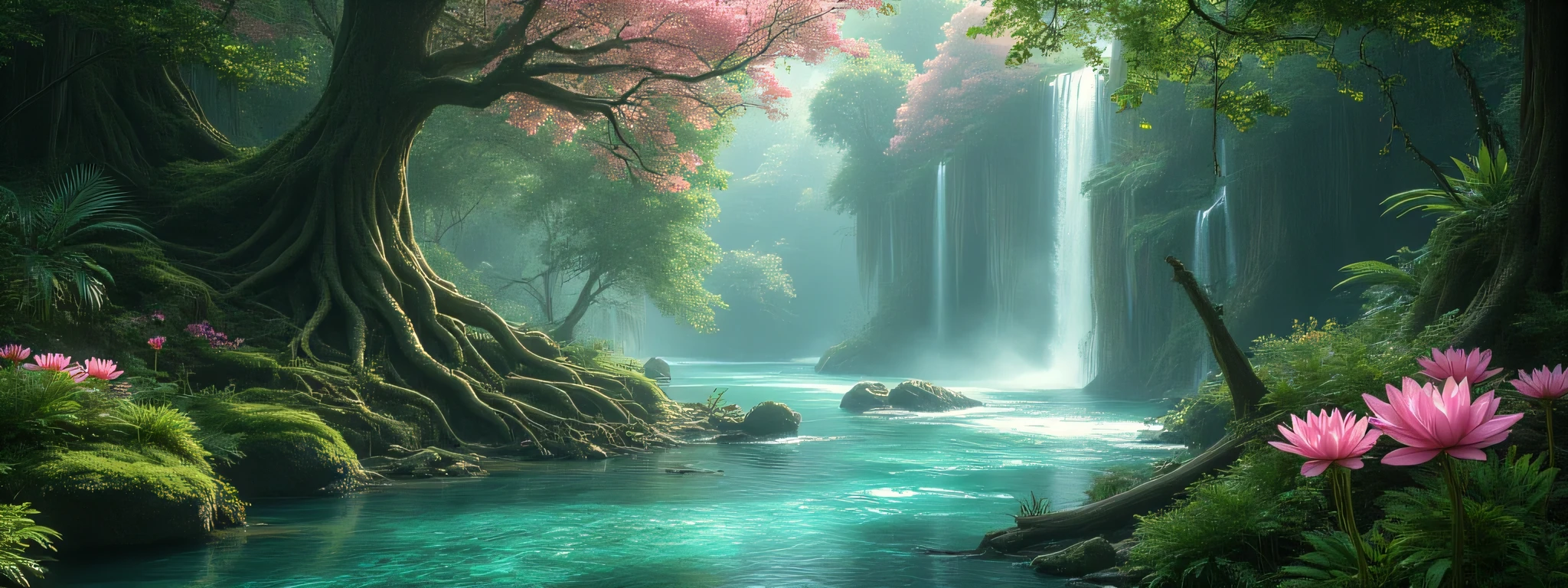 “Ultra-realistic fantasy forest photoshoot, captured from inside a lush enchanted jungle. In the foreground, vibrant pink lotus-like flowers bloom along the riverbanks, with mossy rocks and fallen branches resting on the damp ground. The turquoise-blue water sparkles as it flows gently across stones, forming ripples and reflections of the glowing greenery above. In the middle ground, a fallen tree trunk covered in vines stretches diagonally across the river, acting as a natural bridge. Above it, cascading twin waterfalls tumble down moss-covered cliffs, blending into the tranquil river pool. Mist rises softly from the falls, creating a mystical glow as sunlight filters through. In the background, towering trees with twisted roots and dense foliage rise into the sky, their canopies dotted with clusters of pink-blossomed trees that radiate a dreamlike beauty. Shafts of warm golden sunlight pierce through the leaves, illuminating patches of forest floor and highlighting the enchanted atmosphere. Tiny details complete the scene: scattered ferns, glowing reflections on the water, soft fog drifting between the trees, and hints of distant hidden waterfalls. The mood is magical, serene, and cinematic — blending realism with high-fantasy beauty. Shot style: wide immersive angle, ultra-detailed textures of bark, water, flowers, and moss, with dramatic light and shadow play.”