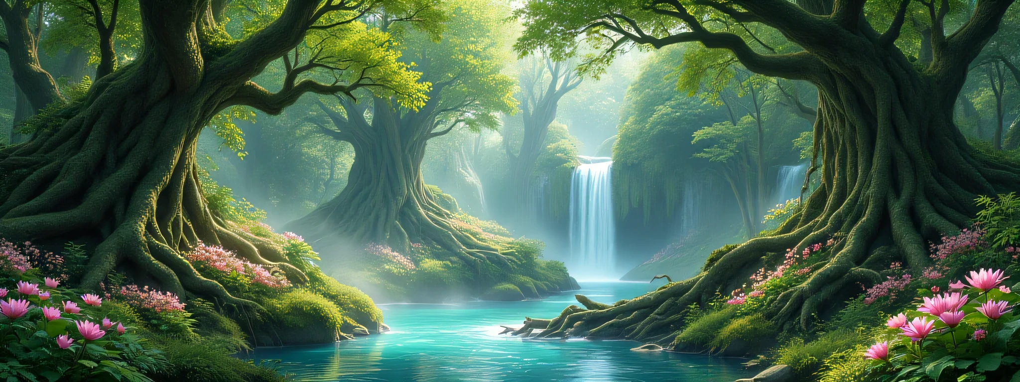 “Ultra-realistic fantasy forest photoshoot, captured from inside a lush enchanted jungle. In the foreground, vibrant pink lotus-like flowers bloom along the riverbanks, with mossy rocks and fallen branches resting on the damp ground. The turquoise-blue water sparkles as it flows gently across stones, forming ripples and reflections of the glowing greenery above. In the middle ground, a fallen tree trunk covered in vines stretches diagonally across the river, acting as a natural bridge. Above it, cascading twin waterfalls tumble down moss-covered cliffs, blending into the tranquil river pool. Mist rises softly from the falls, creating a mystical glow as sunlight filters through. In the background, towering trees with twisted roots and dense foliage rise into the sky, their canopies dotted with clusters of pink-blossomed trees that radiate a dreamlike beauty. Shafts of warm golden sunlight pierce through the leaves, illuminating patches of forest floor and highlighting the enchanted atmosphere. Tiny details complete the scene: scattered ferns, glowing reflections on the water, soft fog drifting between the trees, and hints of distant hidden waterfalls. The mood is magical, serene, and cinematic — blending realism with high-fantasy beauty. Shot style: wide immersive angle, ultra-detailed textures of bark, water, flowers, and moss, with dramatic light and shadow play.”