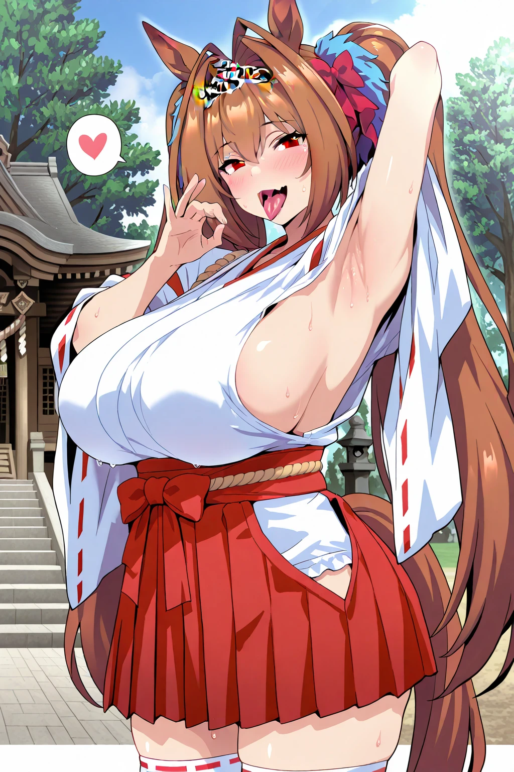 score_9, score_8_up, score_7_up, score_6_up, score_5_up, score_4_up, 
gradient background, 
refraction, caustics, rim lights, backlighting, bloom, 
BREAK
source_anime, day, outdoors, sky, forest, torii, shrine, stone floor, 
BREAK
1girl, solo, long hair, brown hair, hair between eyes, brown eyes, bangs, 
blush, smile, open mouth, orange eyes, (half-closed eyes:0.5), 
cleavage, thighs, , thick thighs, 
detached sleeves, japanese clothes, wide sleeves, white thighhighs, 
miko, hakama, hakama skirt, , 
(covered :0.6), v, 
looking at viewer, standing, dynamic pose, 
<lora:Nusmusbim-v5c-PDXL:1>