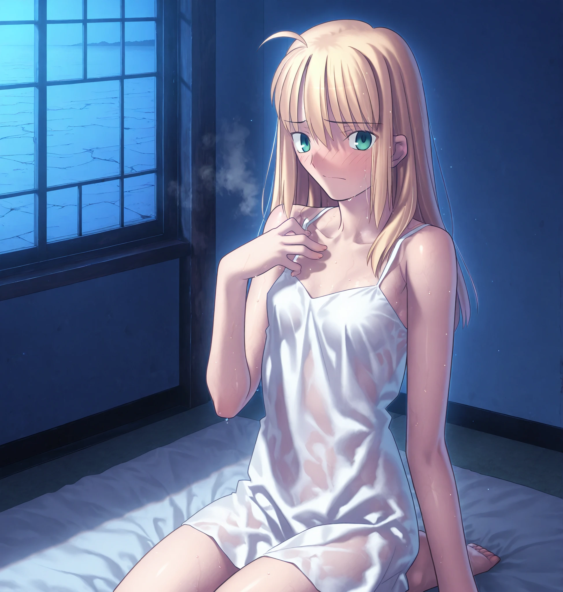 masterpiece, , absurdres, highres, detailed background, high resolution, masterpiece, necessary, detail, best quality, quality, necessary, details, High details, Precise, , , indoors,(evening) , (from above, ),(dark, blue hour), steam, (sidelight), , solo,
1girl, , Takeuchi Takashi (type-moon,tsukihime) style, takeuchi takashi style,(aged up), light skin, hand up,(seiza), , ,,
tall girl, slim arms, artoria pendragon (fate), saber, ahoge, dark green eyes, tsurime, blond hair, semi long hair, hair between eyes, , (hair down), (white summer short dress), ,, (small breasts),flat , looking at viewer, closed mouth, cowboy shot, sweaty skin, embarrassed,