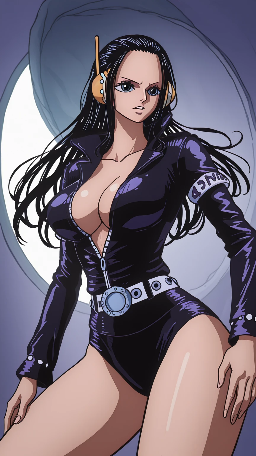 ((masterpiece, best quality)), insaneres, absurdres, solo, looking at viewer,
ONEPIECE_EggHead_NicoRobin_ownwaifu,
1girl, nico robin, black hair, long hair, large breasts, blue eyes, collarbone, hair slicked back, eyelashes, straight hair, aqua eyes, headphones, lips, narrow waist,
cleavage, black jacket, cropped jacket, panties, long sleeves, black gloves, open jacket, suspenders, midriff, underwear, navel, gloves, open clothes, belt, purple thighhighs, thigh gap, zipper, no pants, thighs,
<lora:Nico_Robin_Pony_XL:0.8> <lora:xxoom_Pony_XL_Artstyle:0.2>FAP_ARTSTYLE_xxoom_ownwaifu