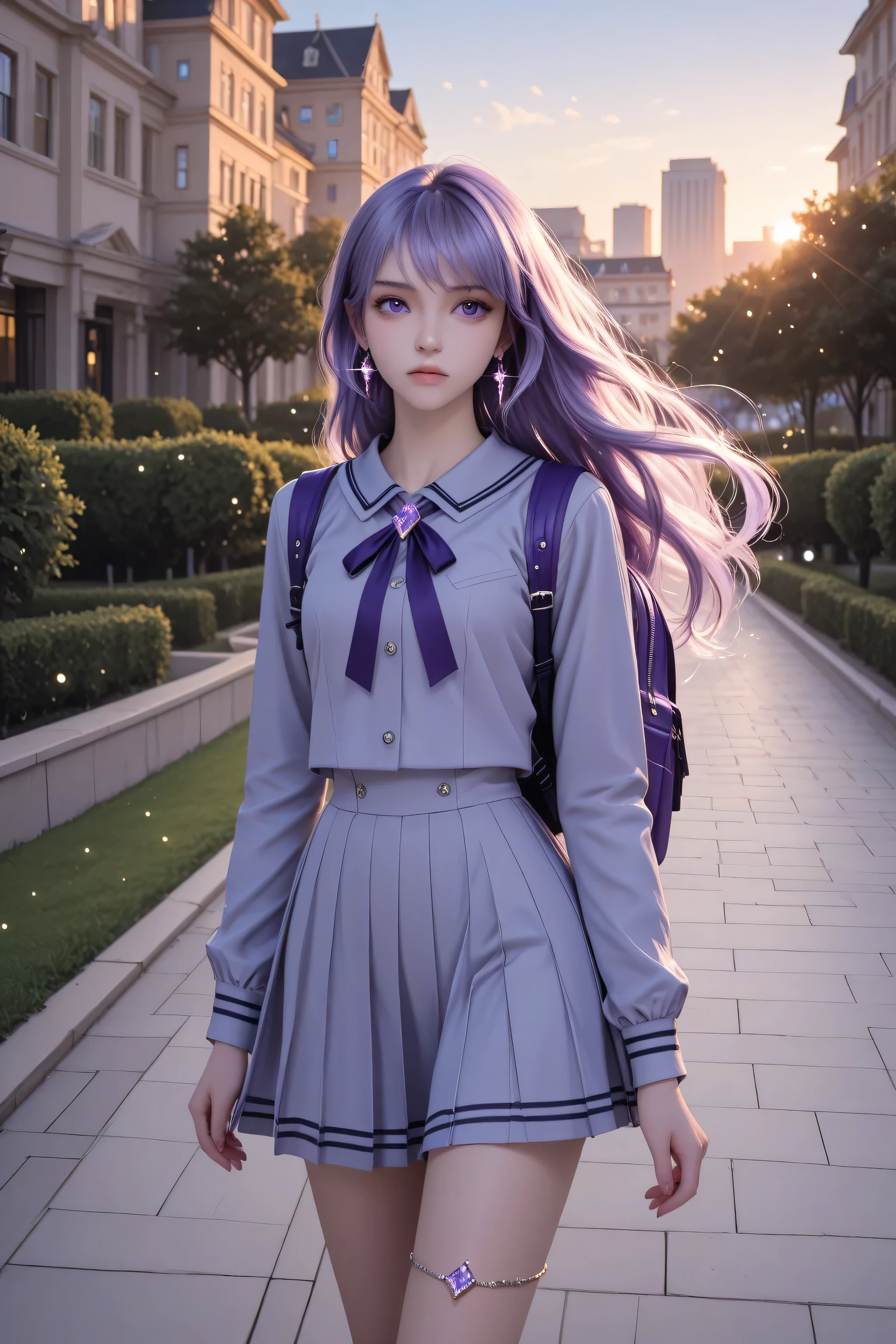 The image depicts a highly detailed and fantastical female character with striking features and detailed eyes in the school yard. She has long, flowing hair. The school girl wearing a grey and violet uniform, medium-sized violet backpack, sparkling gemstone earrings, a silver anklet, pensive look, high_fashion, earrings, jewelry, luxury buildings, outdoor school yard, evening, lazypos, SmoothNoob_Quality, Smooth Quality, masterpiece, high_quality, highres, sharp_focus, detailed_eyes, 1girl, dynamic, light_particles, cute girl, pretty face.