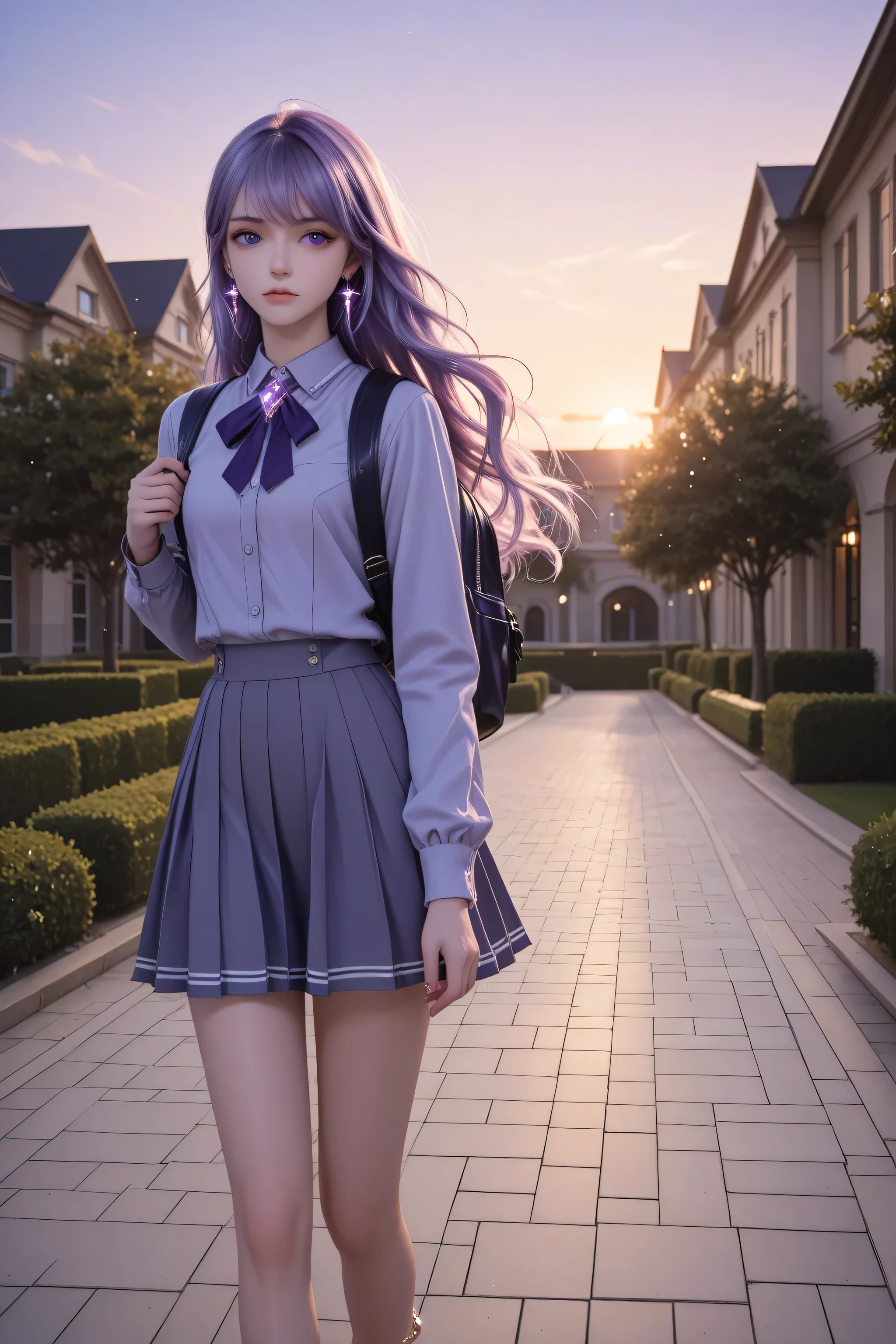 The image depicts a highly detailed and fantastical female character with striking features and detailed eyes in the school yard. She has long, flowing hair. The school girl wearing a grey and violet uniform, medium-sized violet backpack, sparkling gemstone earrings, a silver anklet, pensive look, high_fashion, earrings, jewelry, luxury buildings, outdoor school yard, evening, lazypos, SmoothNoob_Quality, Smooth Quality, masterpiece, high_quality, highres, sharp_focus, detailed_eyes, 1girl, dynamic, light_particles, cute girl, pretty face.