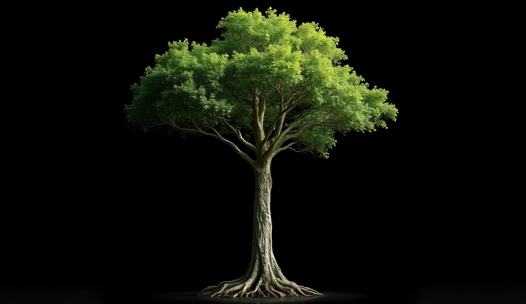 “Ultra-realistic, highly detailed single tree portrait on a pure black background.
The tree stands tall and centered, with intricate textures on the rough bark, and every branch clearly visible against the darkness. Lush green leaves spread out in a wide canopy, with subtle highlights and shadows giving a three-dimensional look. The roots are partially visible at the base, grounding the tree with natural detail.
Lighting is dramatic, with a soft spotlight effect that illuminates the trunk and leaves, creating contrast against the deep black void behind it. No surrounding environment, no sky, only the tree as the main subject.
Style: studio photoshoot of a tree, ultra-detailed textures, crisp edges, natural realism, isolated background.”